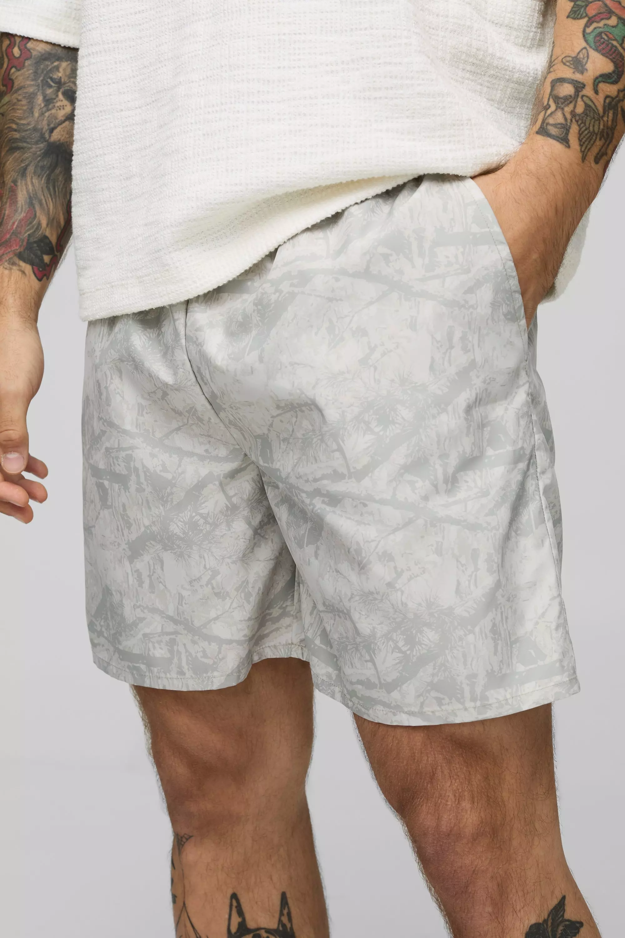 Camo Leaf Mid Length Swim Trunks | boohooMAN USA