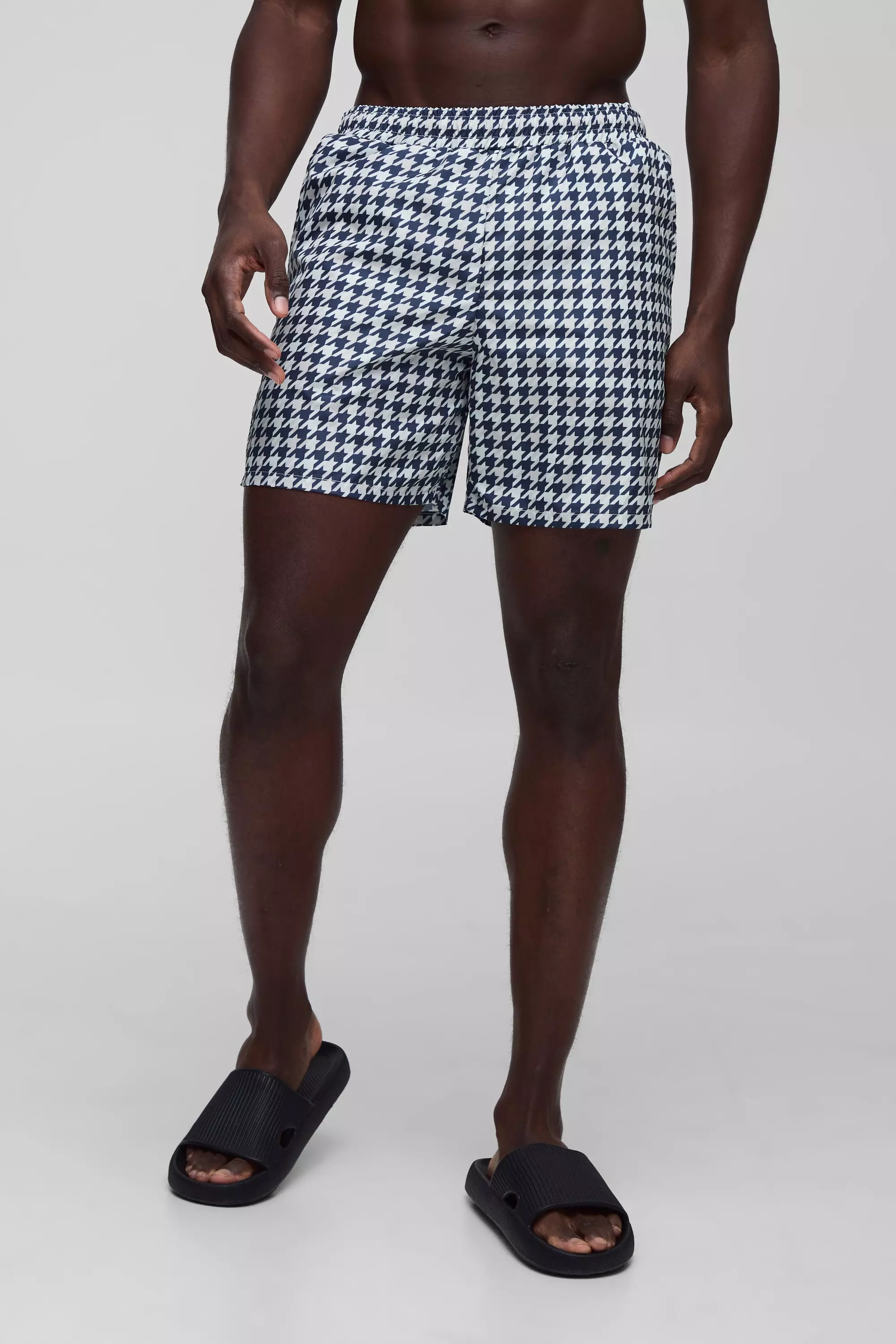 Houndstooth Printed Mid Length Swim Short Black