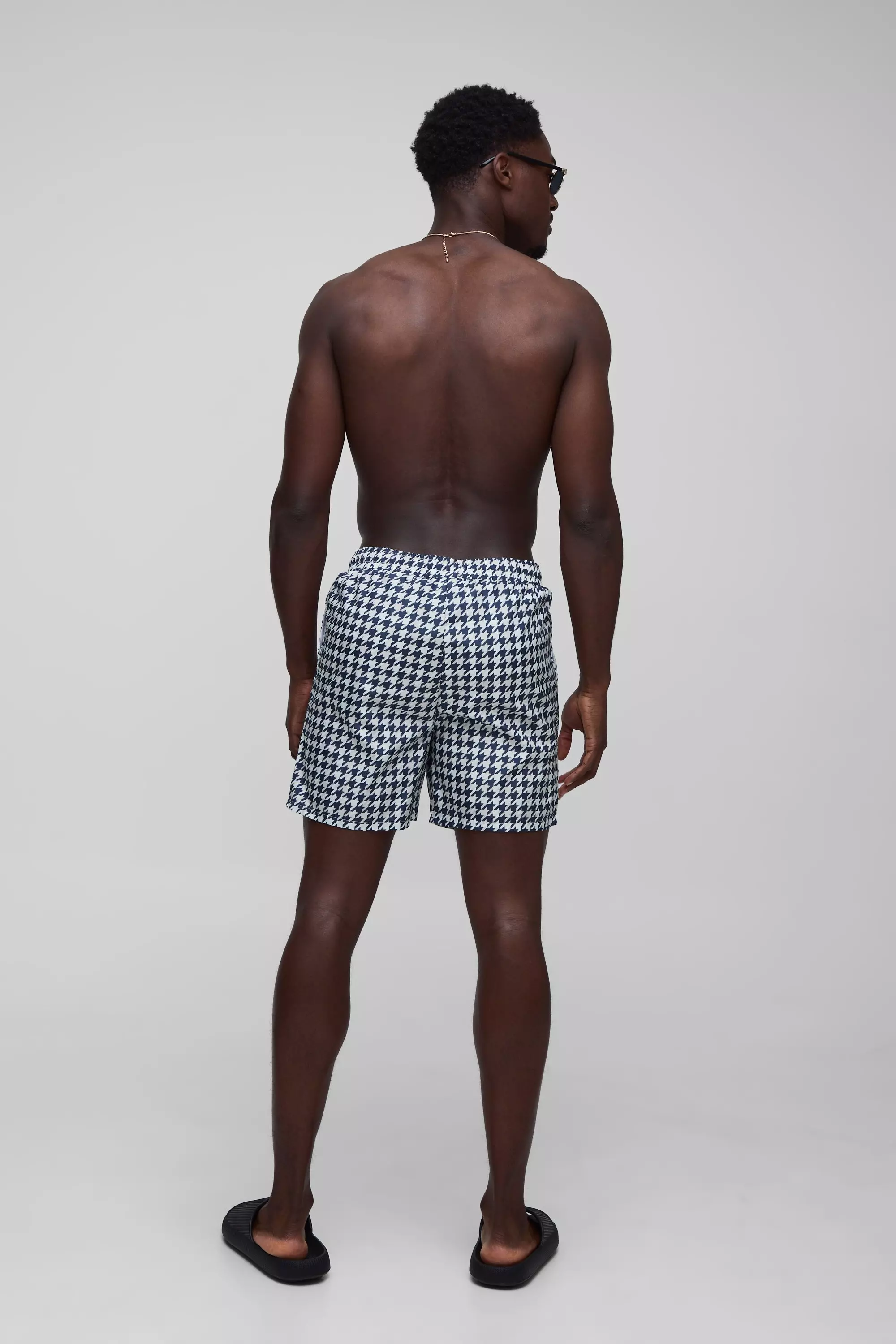 Houndstooth Printed Mid Length Swim Trunks | boohooMAN USA