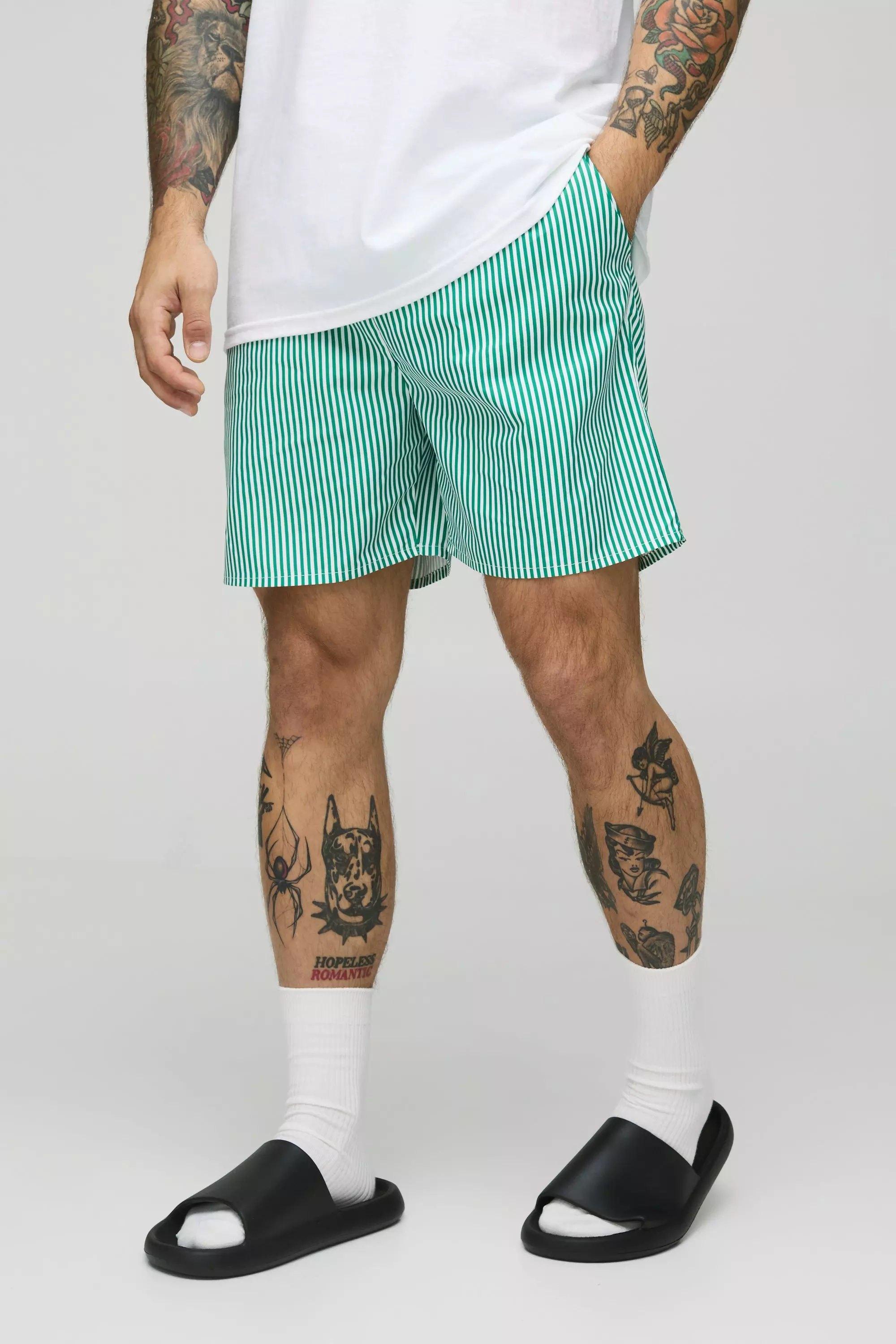 Green Mid Length Small Stripe Print Swim Trunks alternative image