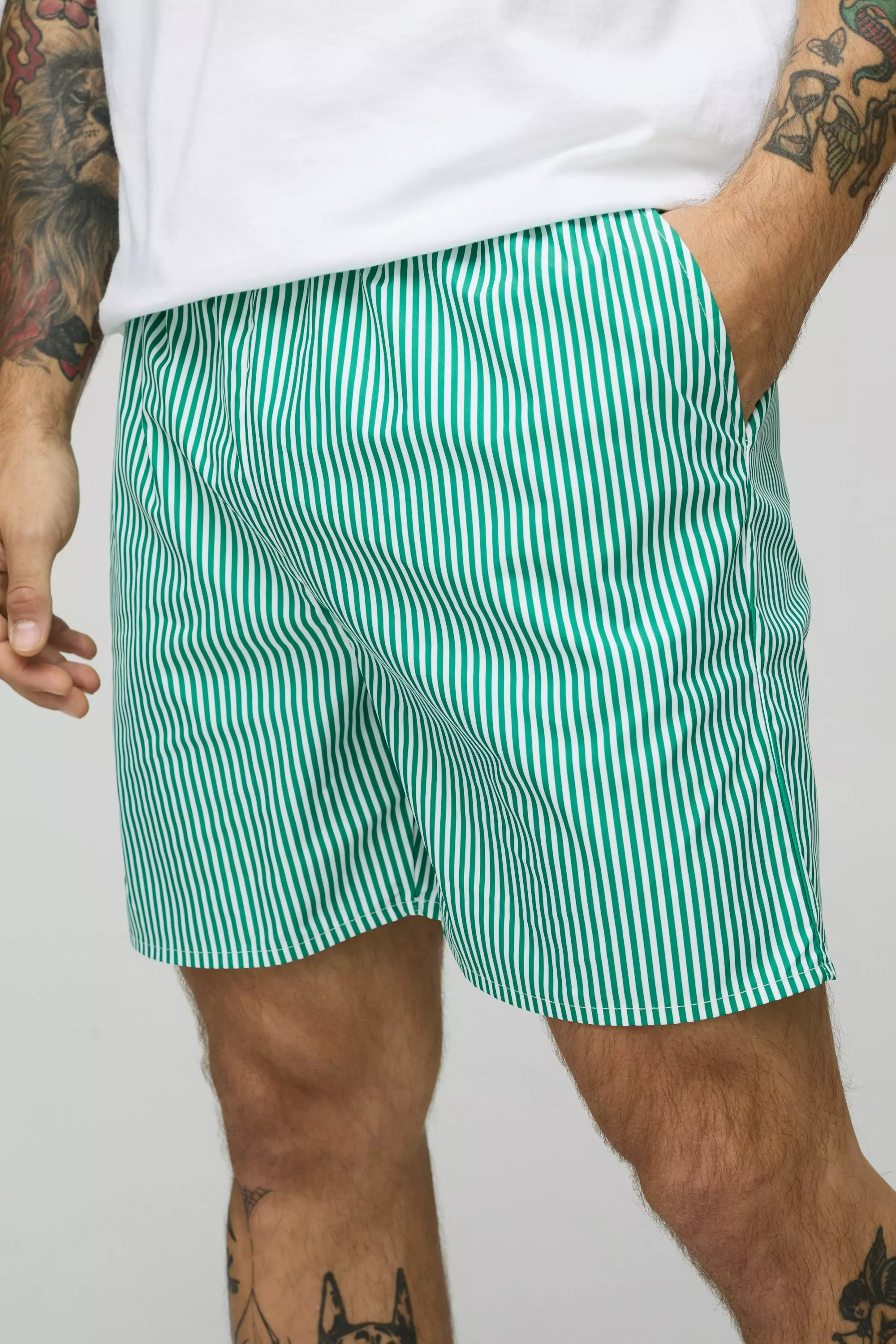 Green Mid Length Small Stripe Print Swim Trunks alternative image