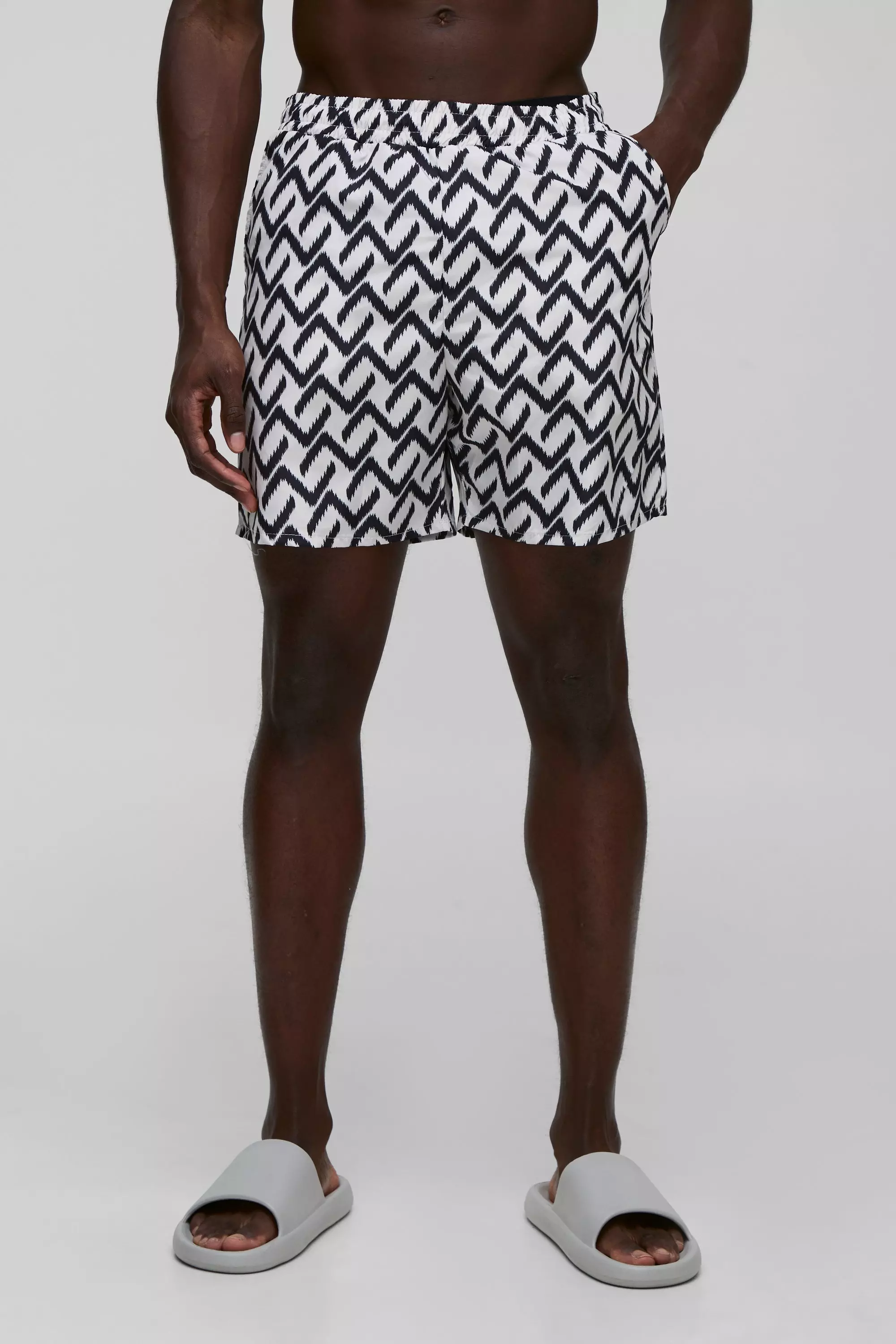 Abstract Pattern Printed Mid Length Swim Short Ecru