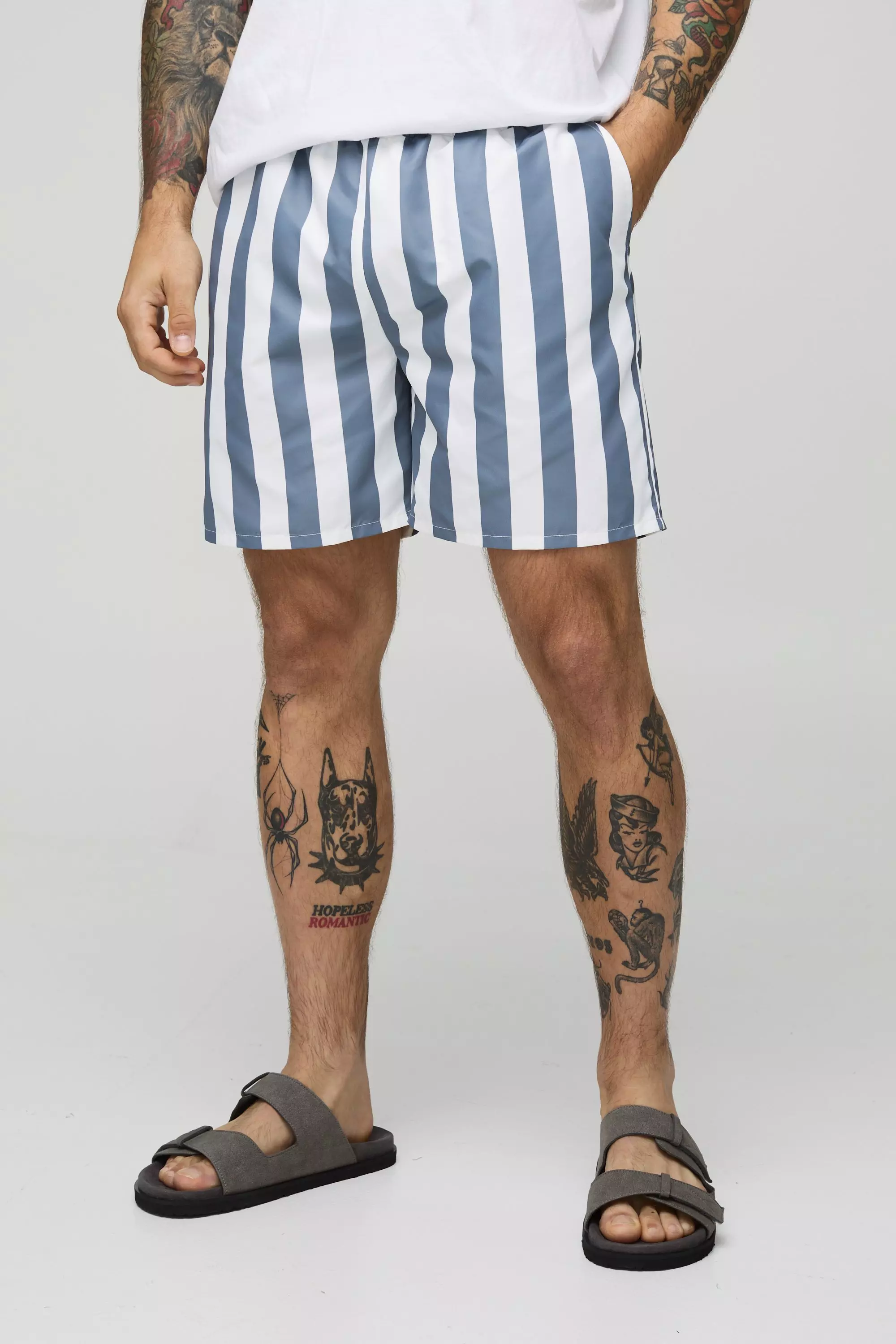 Charcoal Wide Stripe Print Mid Length Swim Short alternative image