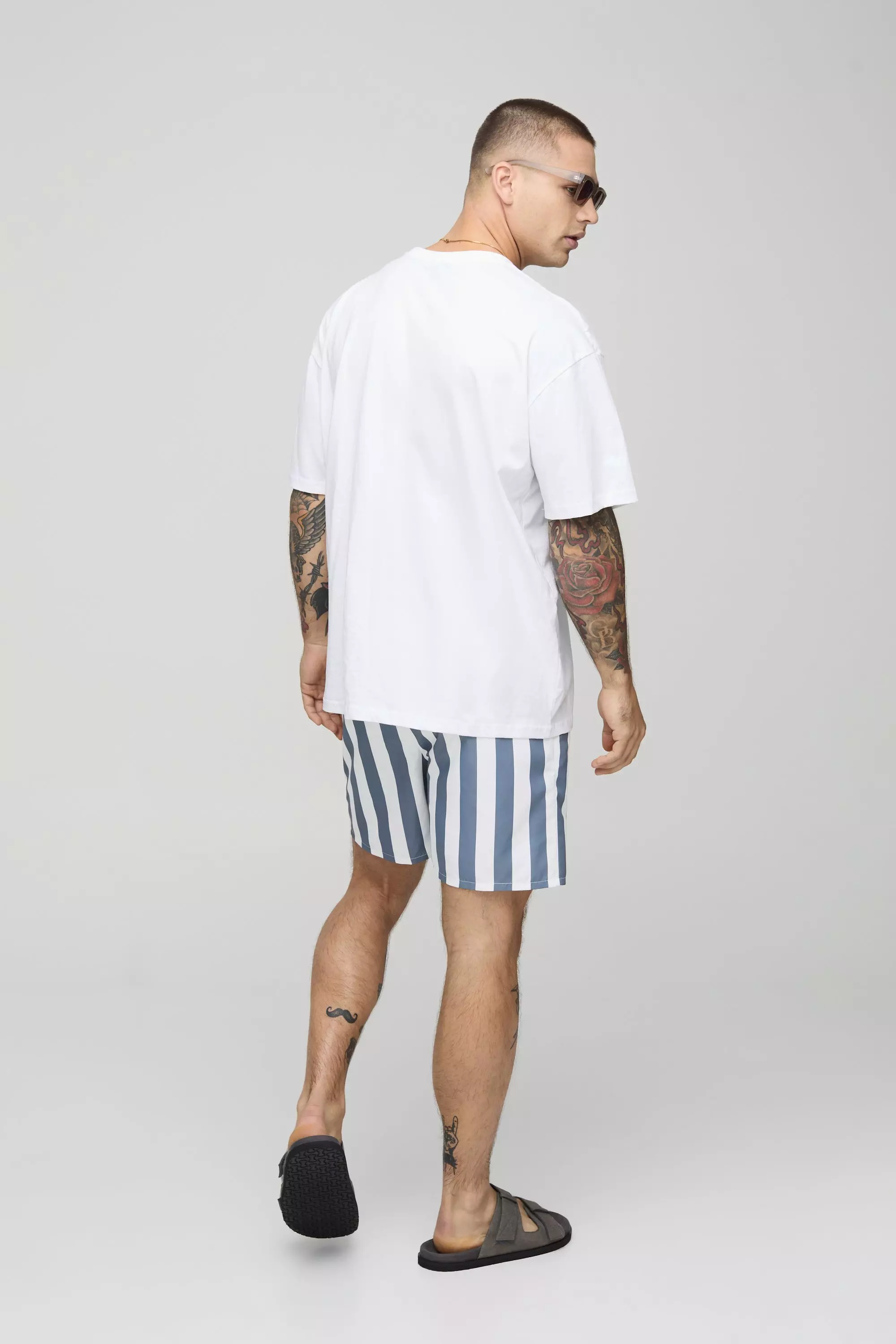 Charcoal Wide Stripe Print Mid Length Swim Short alternative image