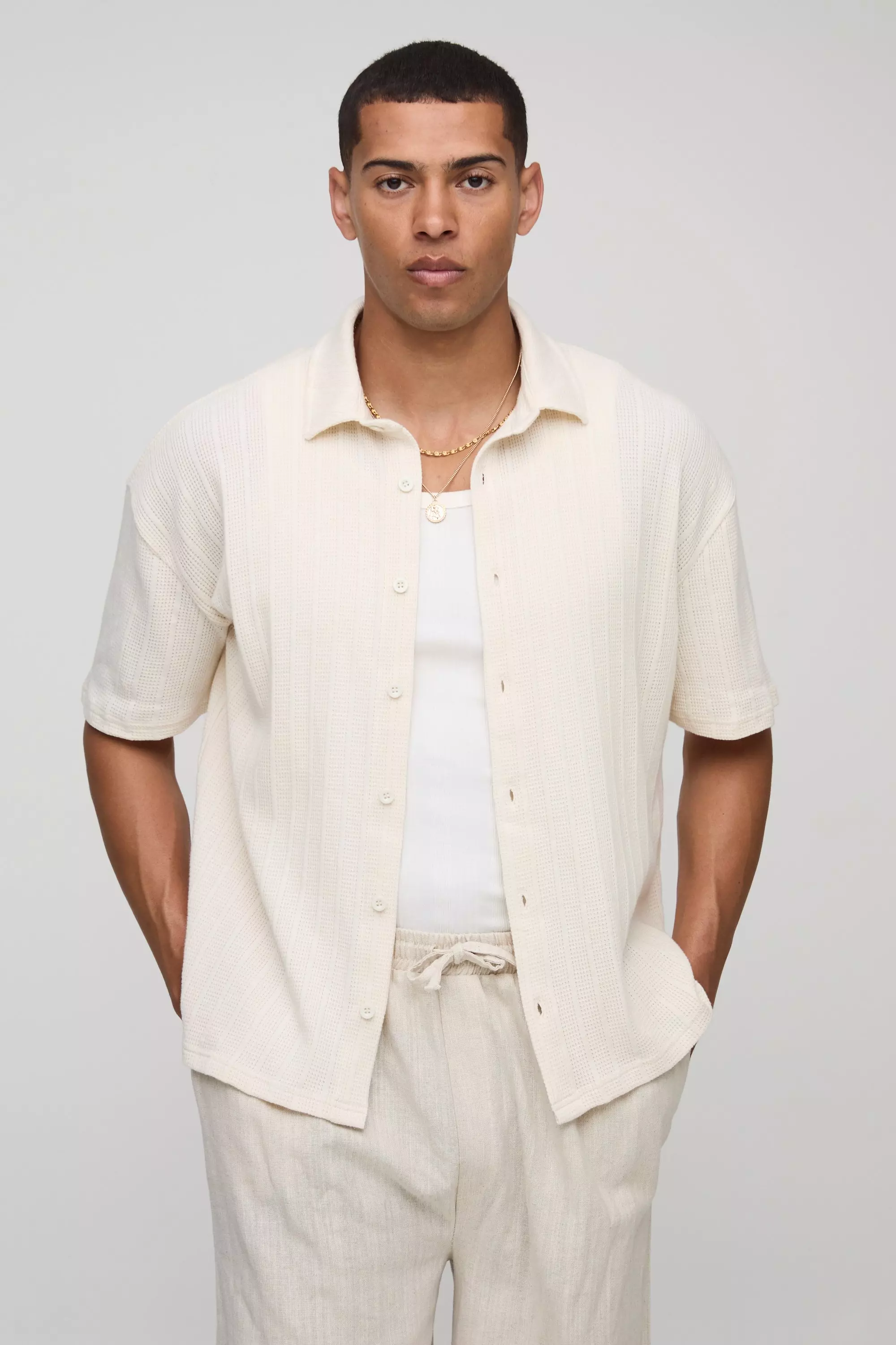 Ribbed Oversized Short Sleeve Shirt Ecru