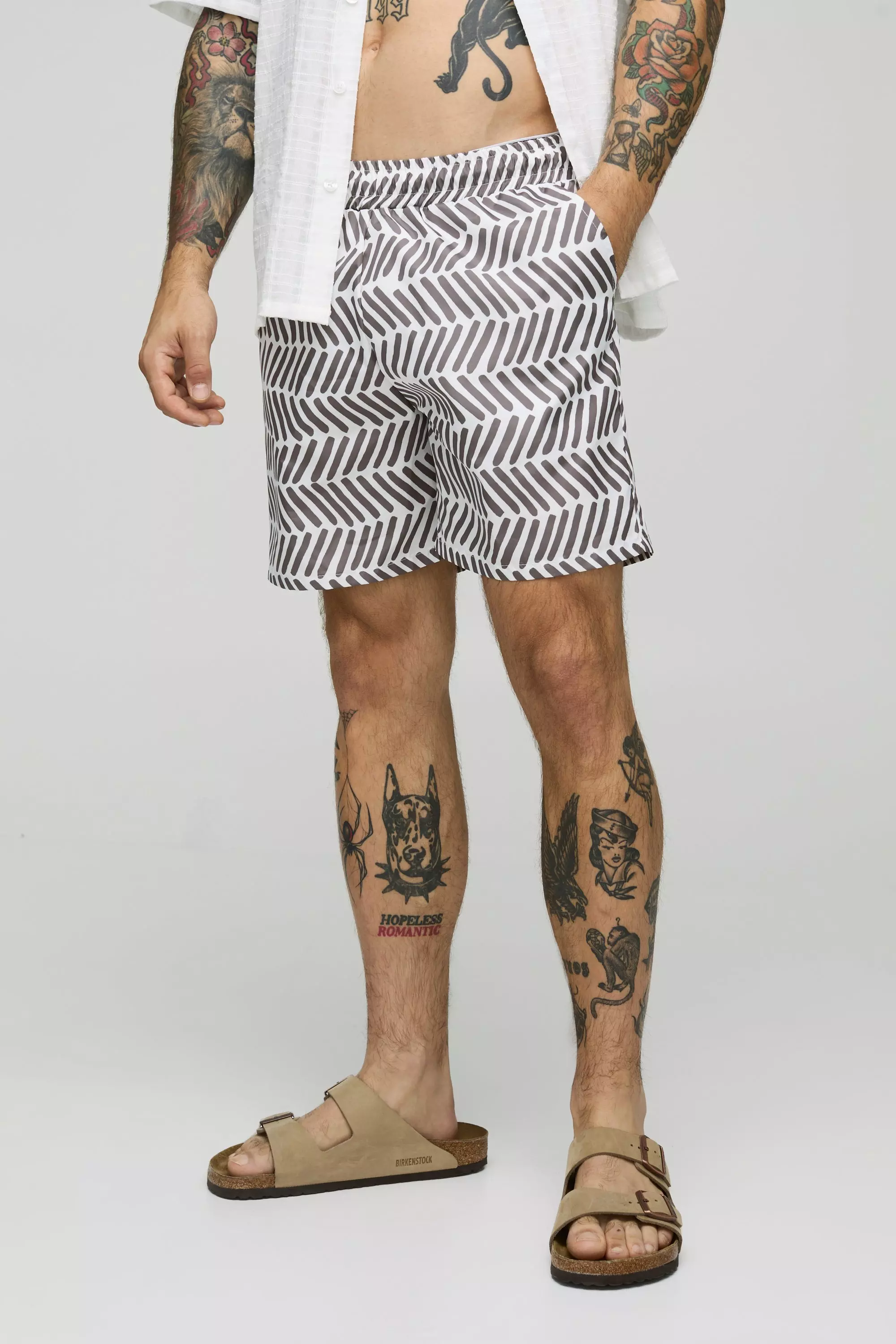 Pattern Printed Mid Length Swim Trunks | boohooMAN USA