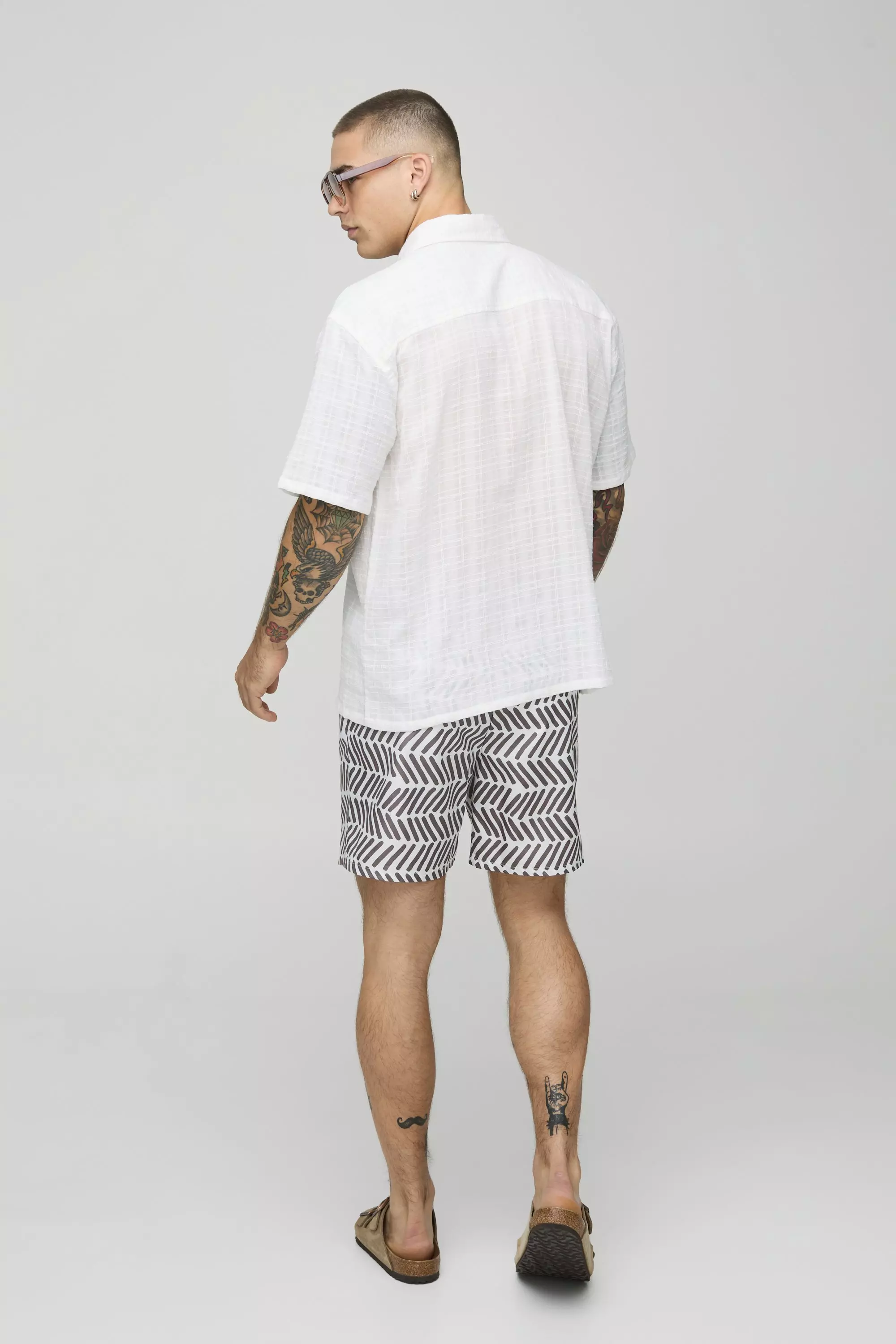 Pattern Printed Mid Length Swim Trunks | boohooMAN USA