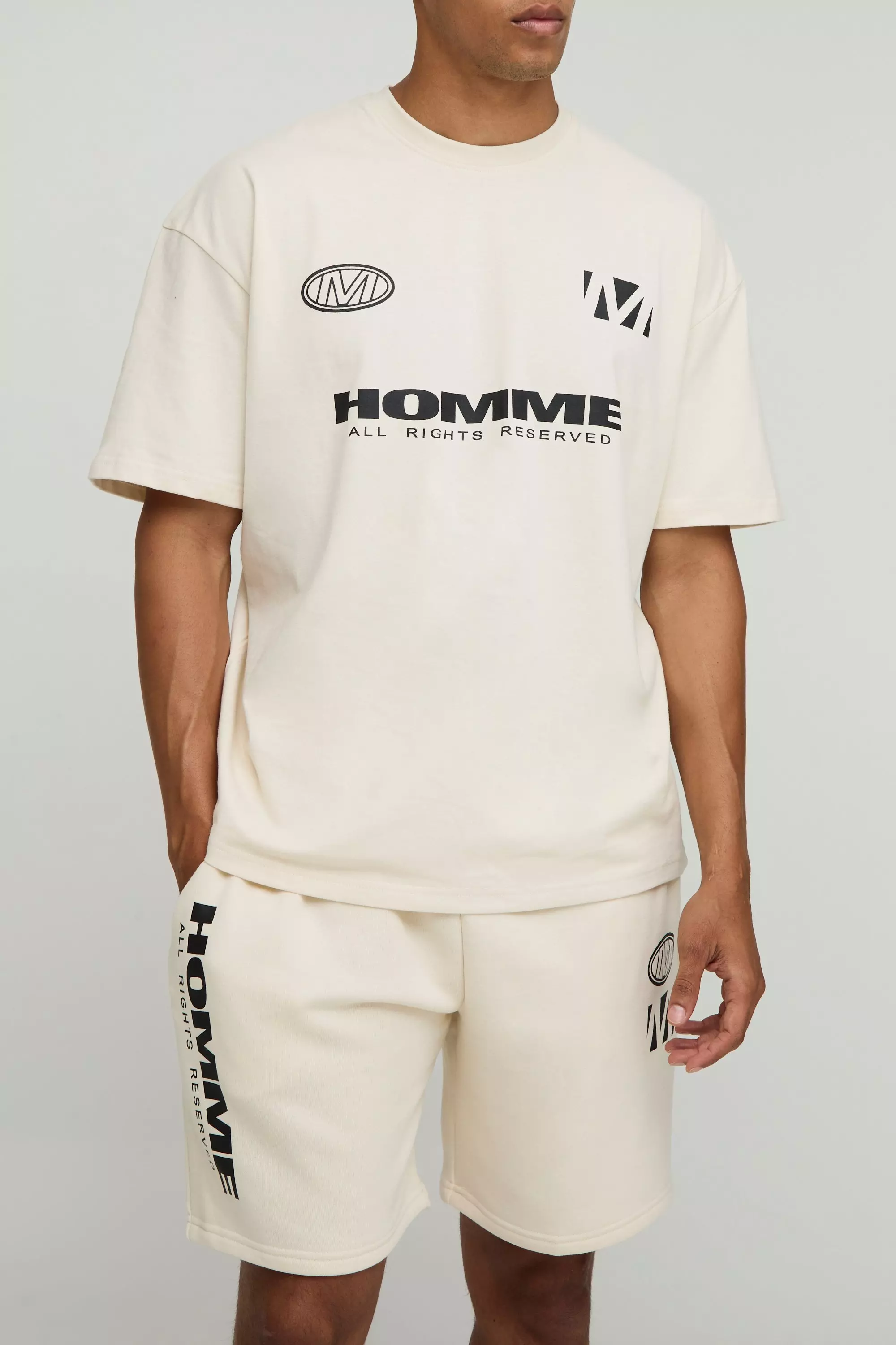 Oversized Homme Moto T-Shirt & Short Set Ecru