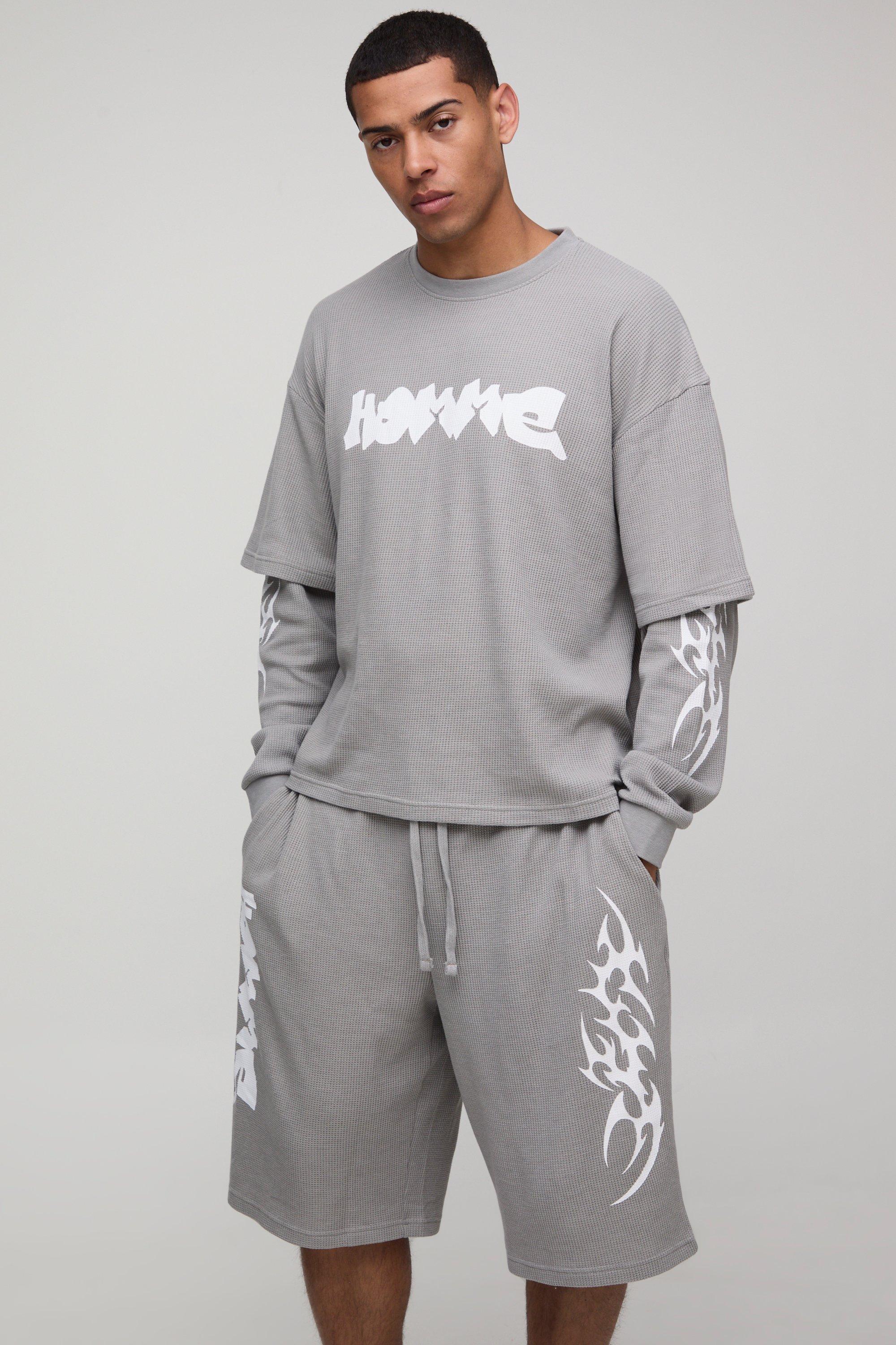 Oversized Boxy Faux Layer Waffle T-Shirt & Jort Set | boohooMAN USA