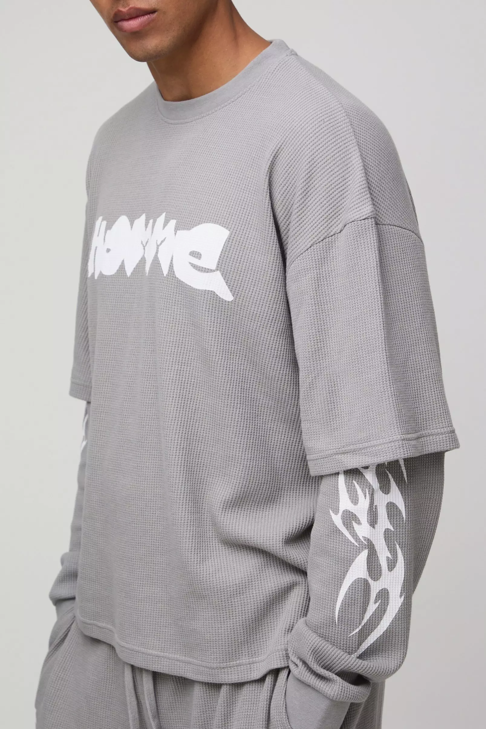 Oversized Boxy Faux Layer Waffle T-Shirt & Jort Set | boohooMAN USA