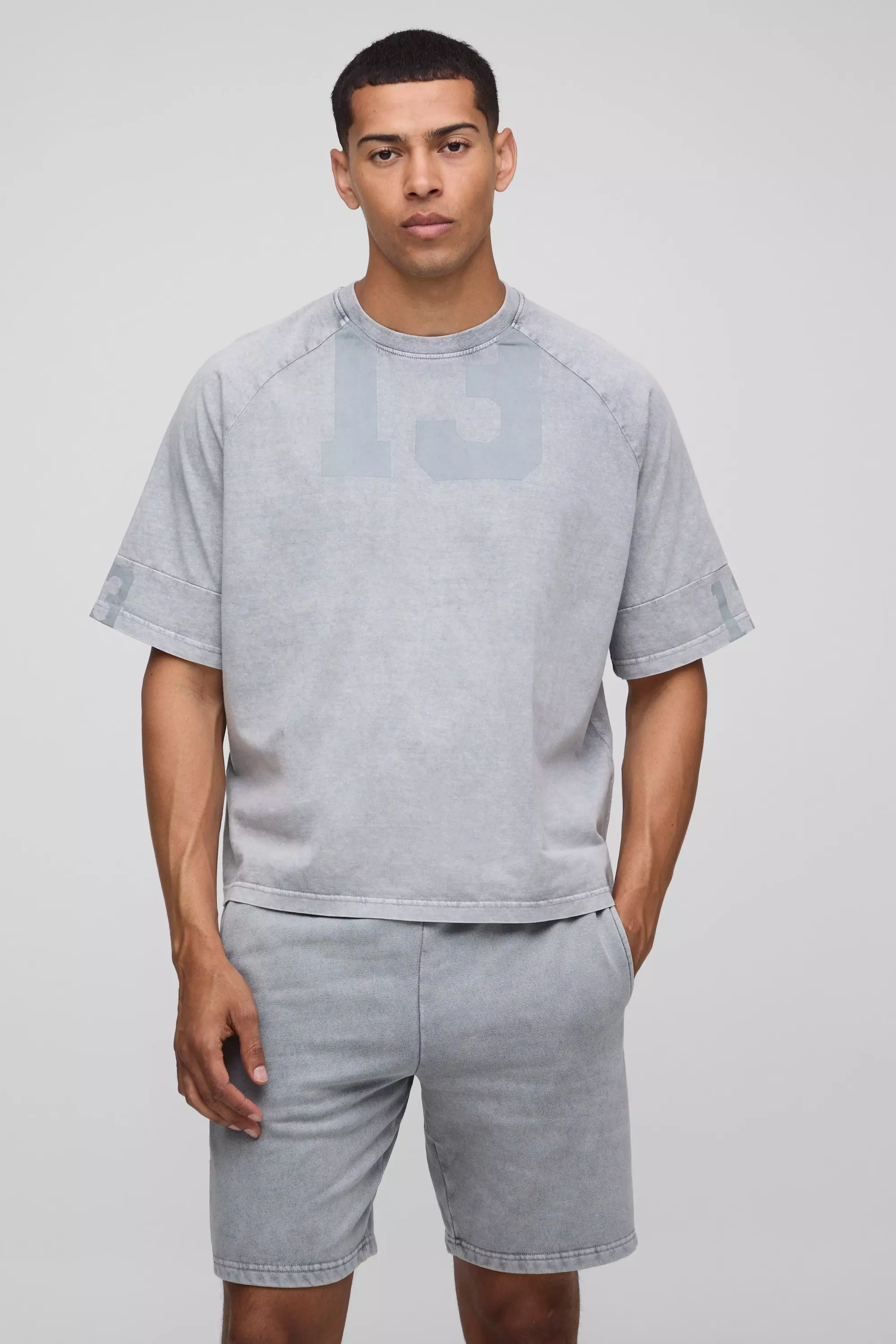 Oversized Boxy Varsity Washed T-Shirt & Short Set Grey