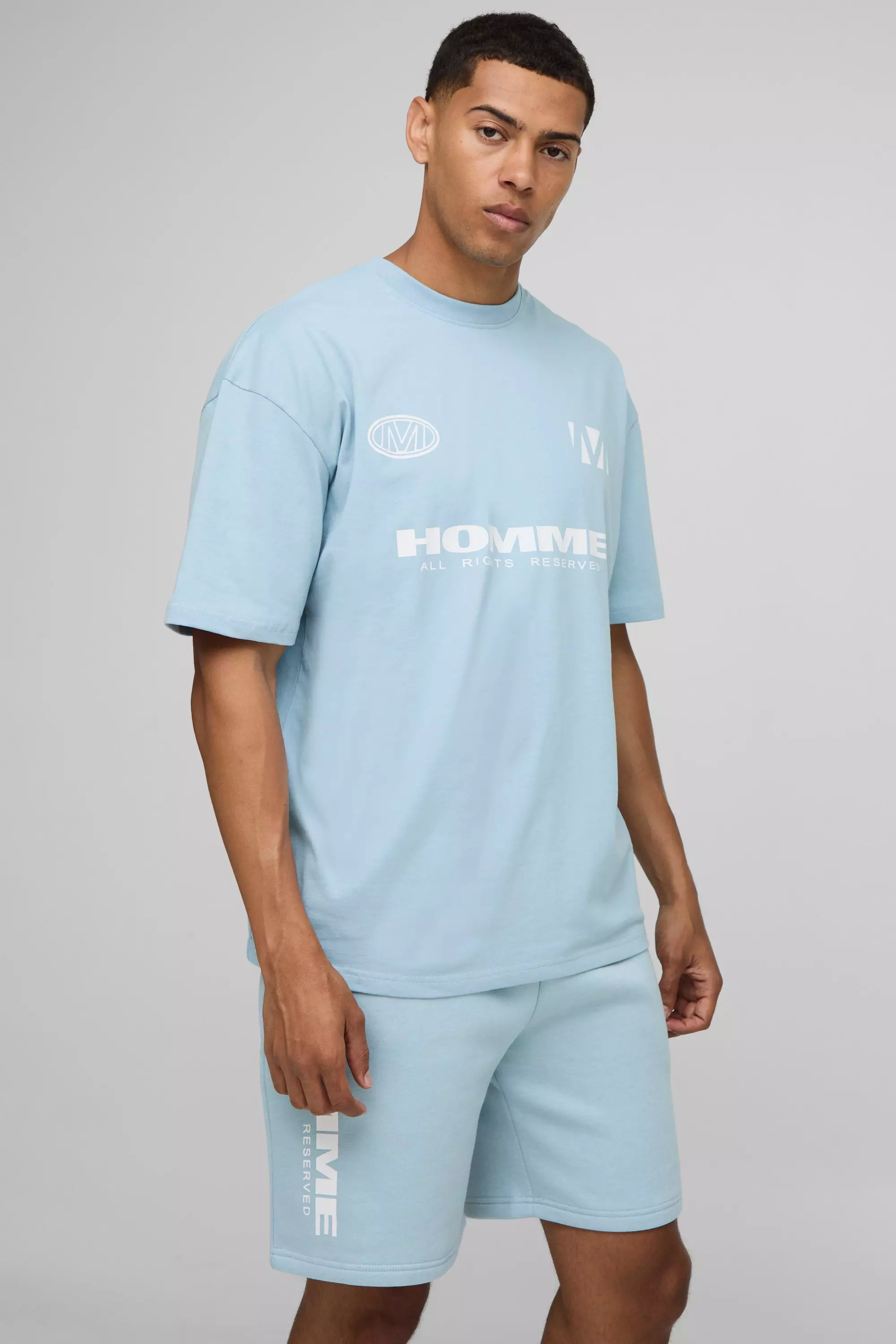 Oversized Homme Moto T-Shirt & Short Set Light blue