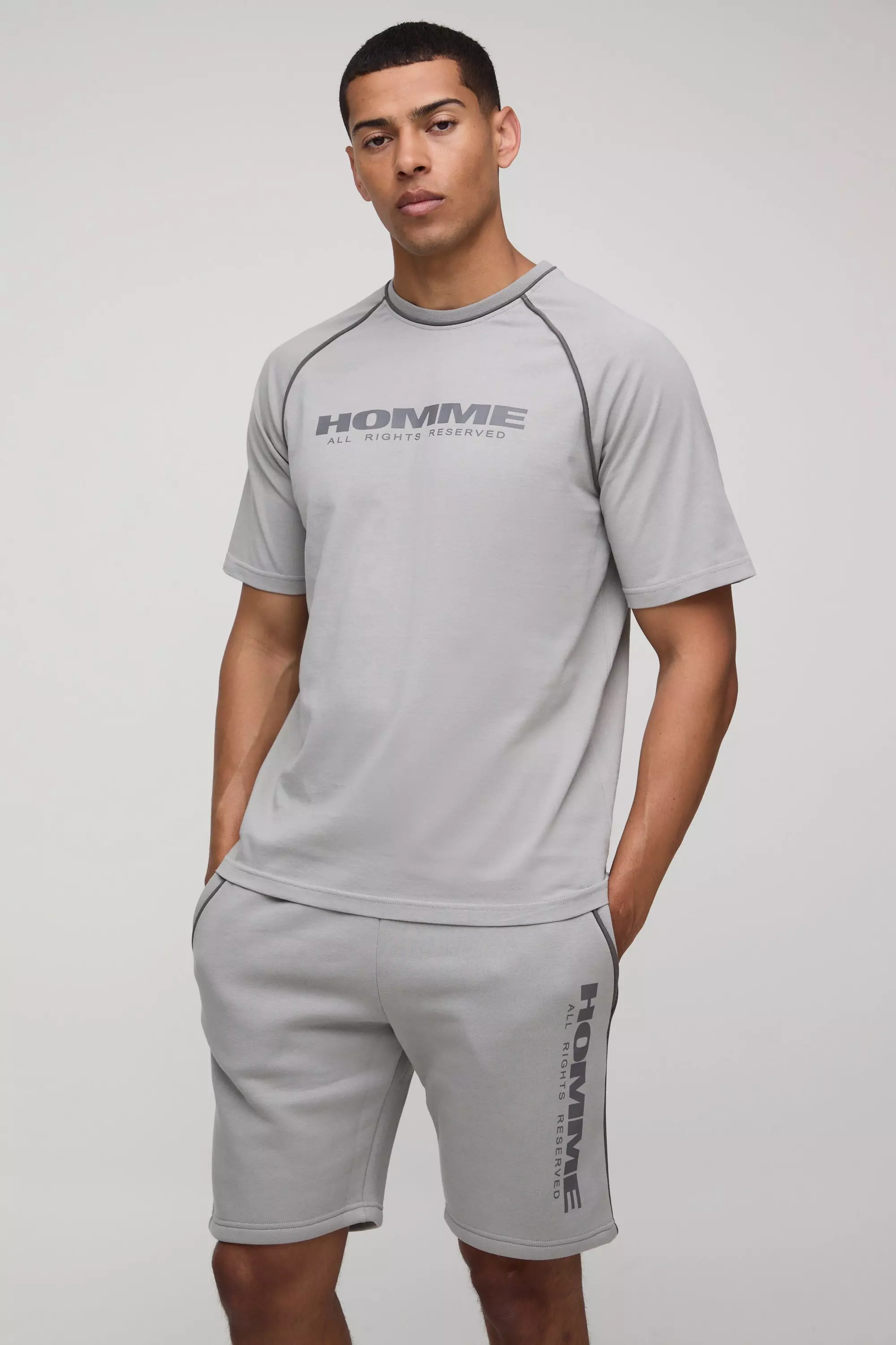 Grey Homme Piping T-Shirt & Short Set