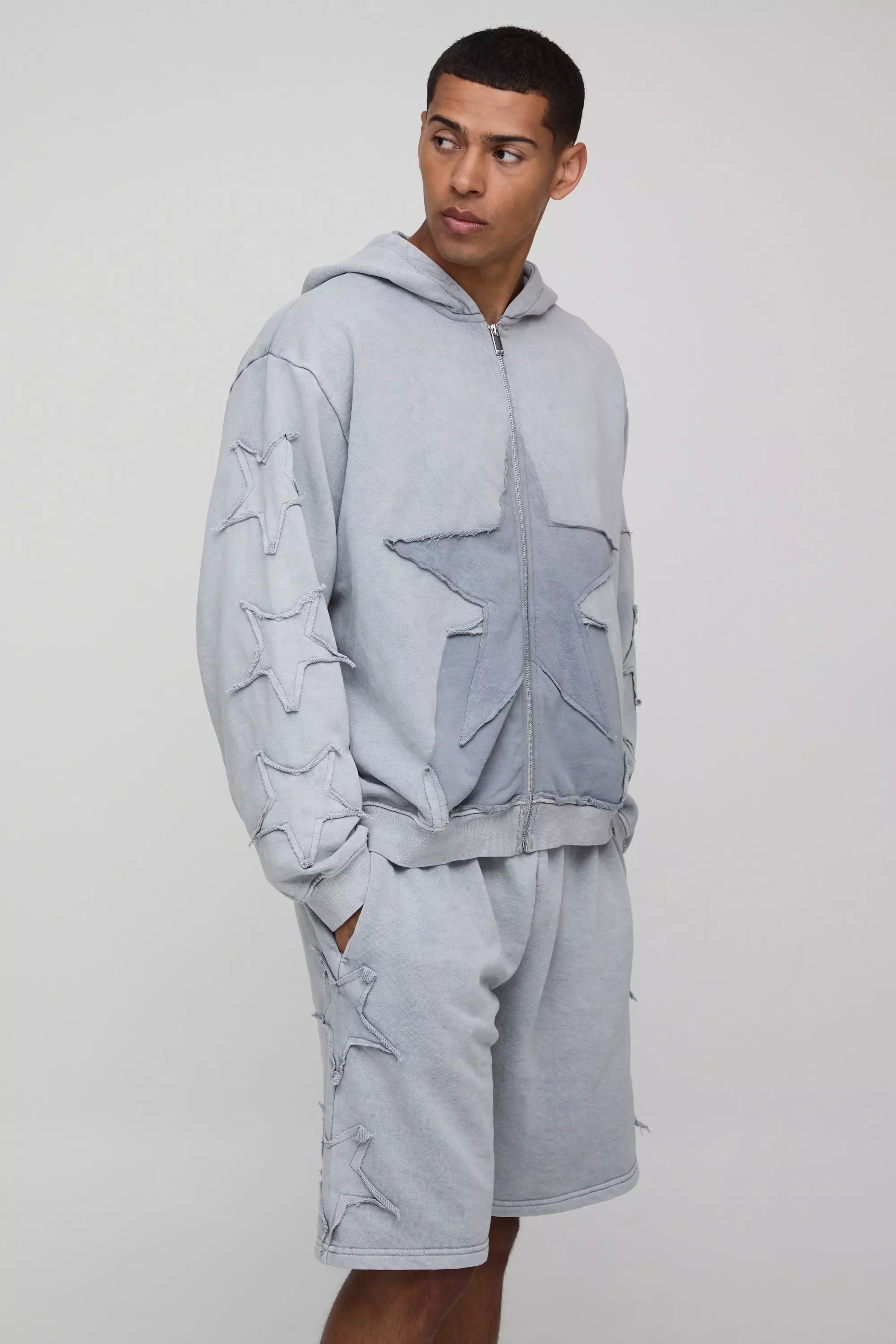 Oversized Boxy Short Hooded Zip Wash Tracksuit Grey