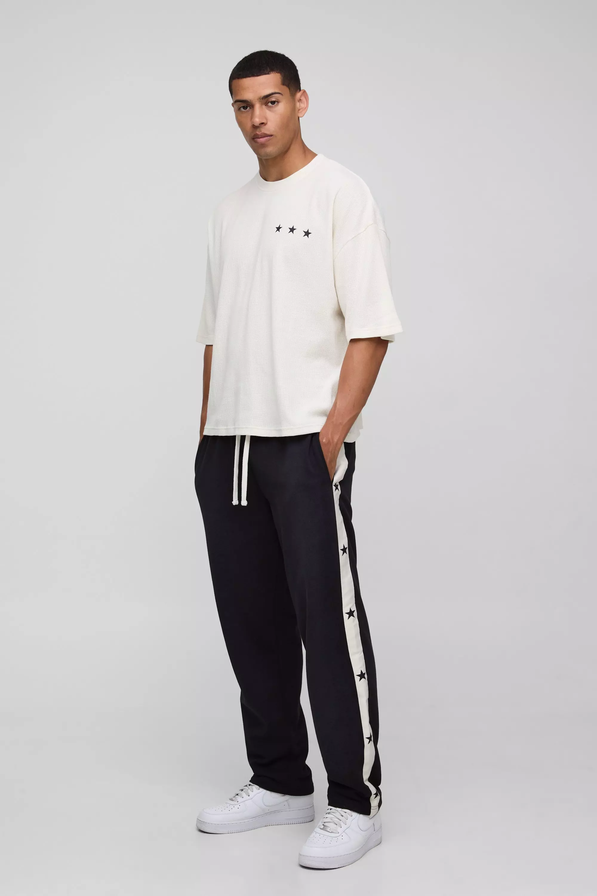 Oversized Boxy Waffle Washed T-Shirt & Jogger Set Ecru