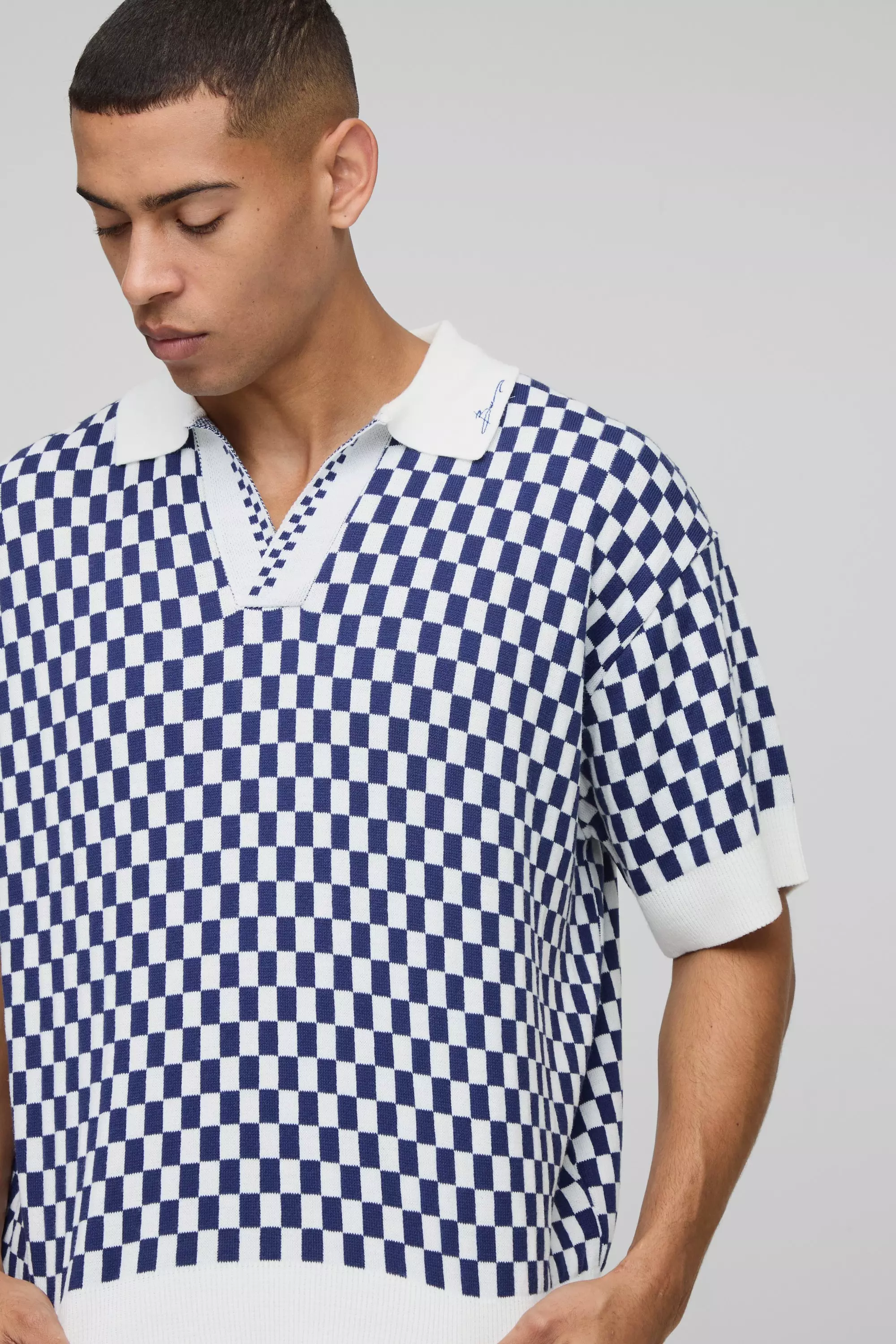 MAN Oversized Boxy Jacquard Plaid Knitted Polo & Relaxed