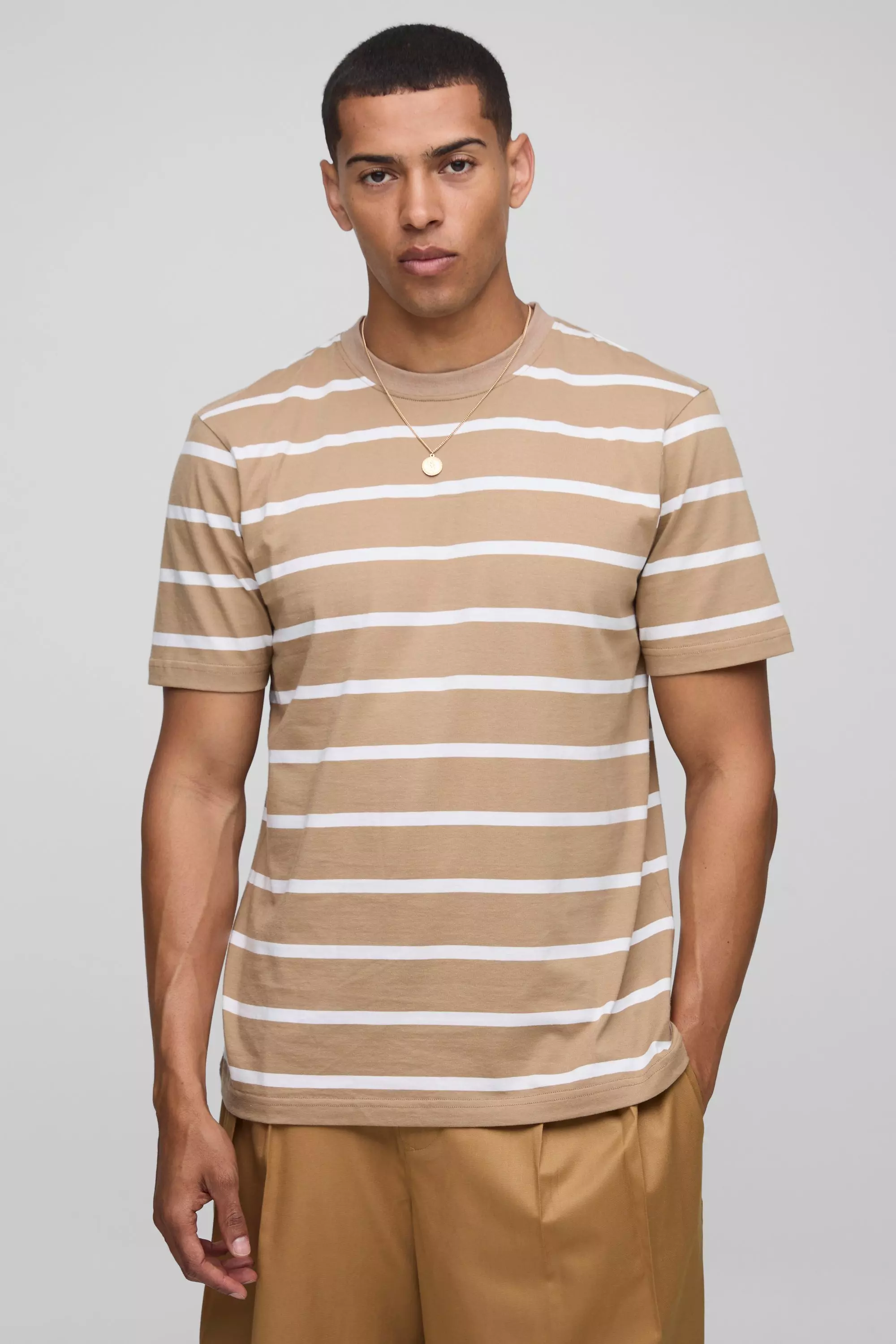 Relaxed Striped Crew Neck T-Shirt Tan
