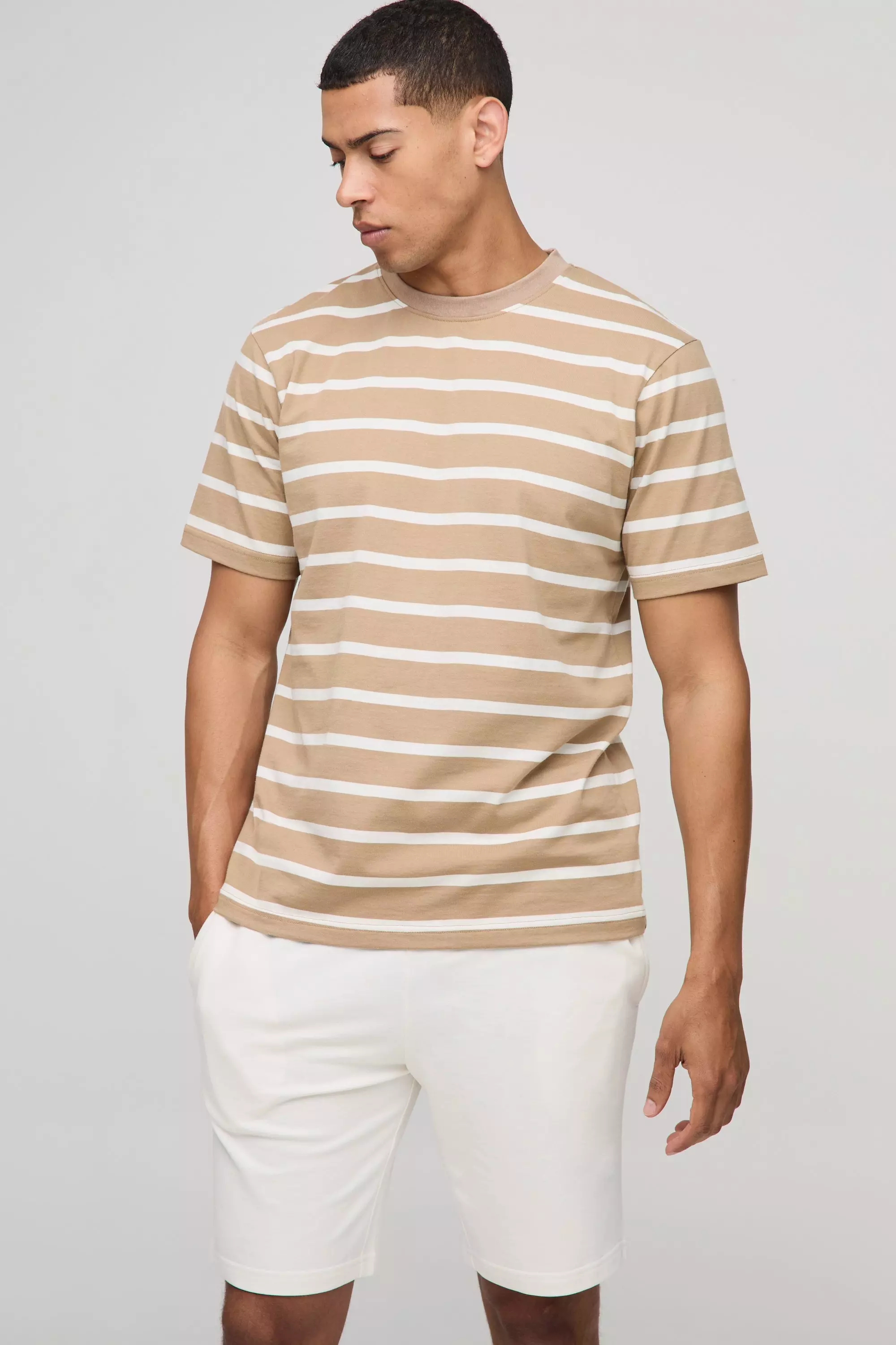 Relaxed Striped T-Shirt and Shorts Set Tan