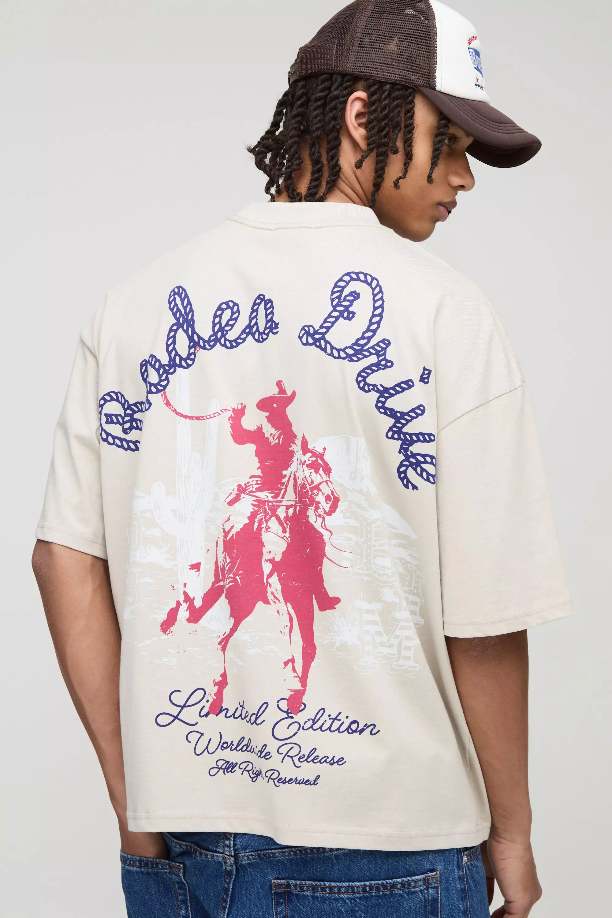 Oversized Boxy Extended Neck Rodeo Drive Western Graphic T-Shirt | boohooMAN USA
