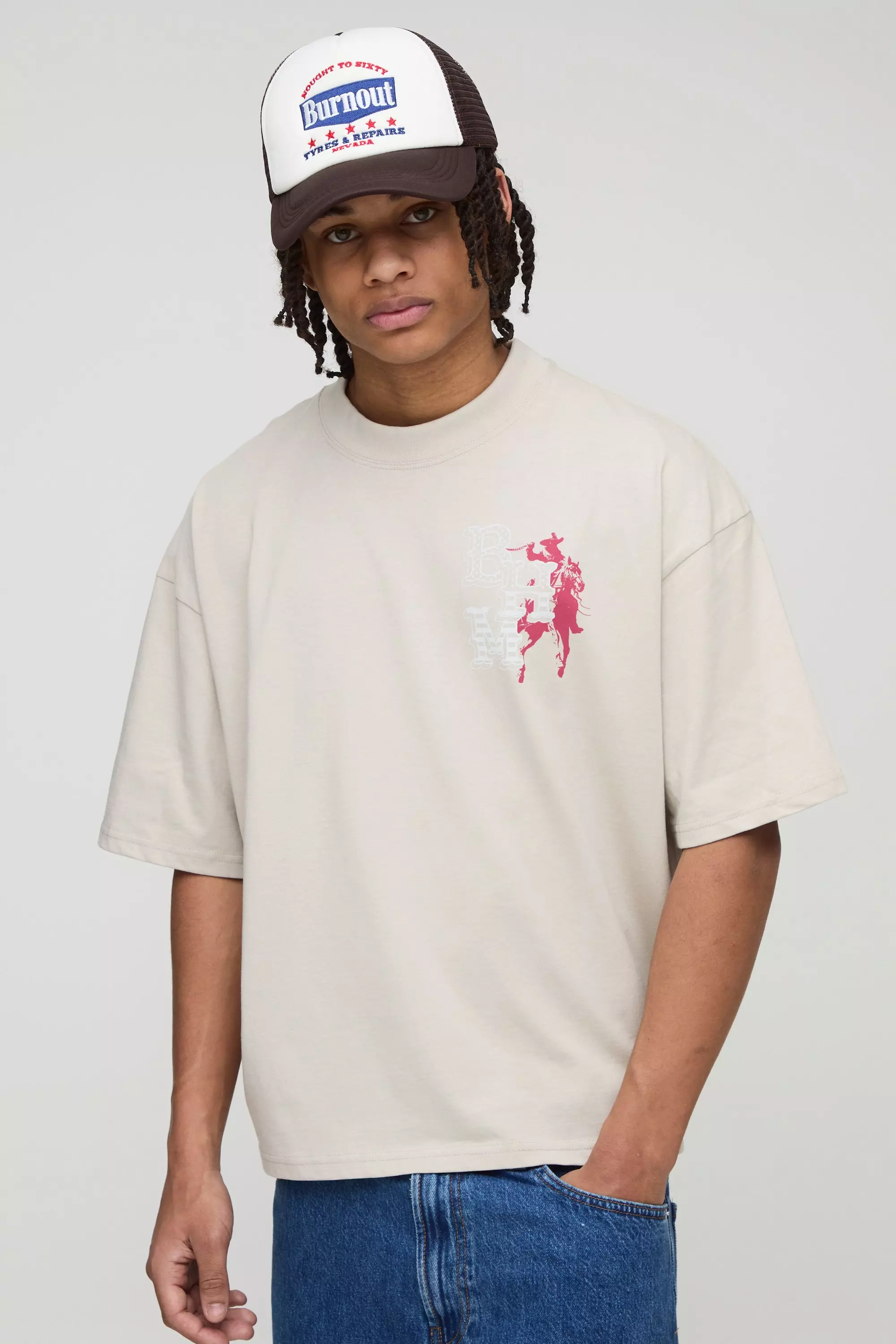 Oversized Boxy Extended Neck Rodeo Drive Western Graphic T-Shirt | boohooMAN USA