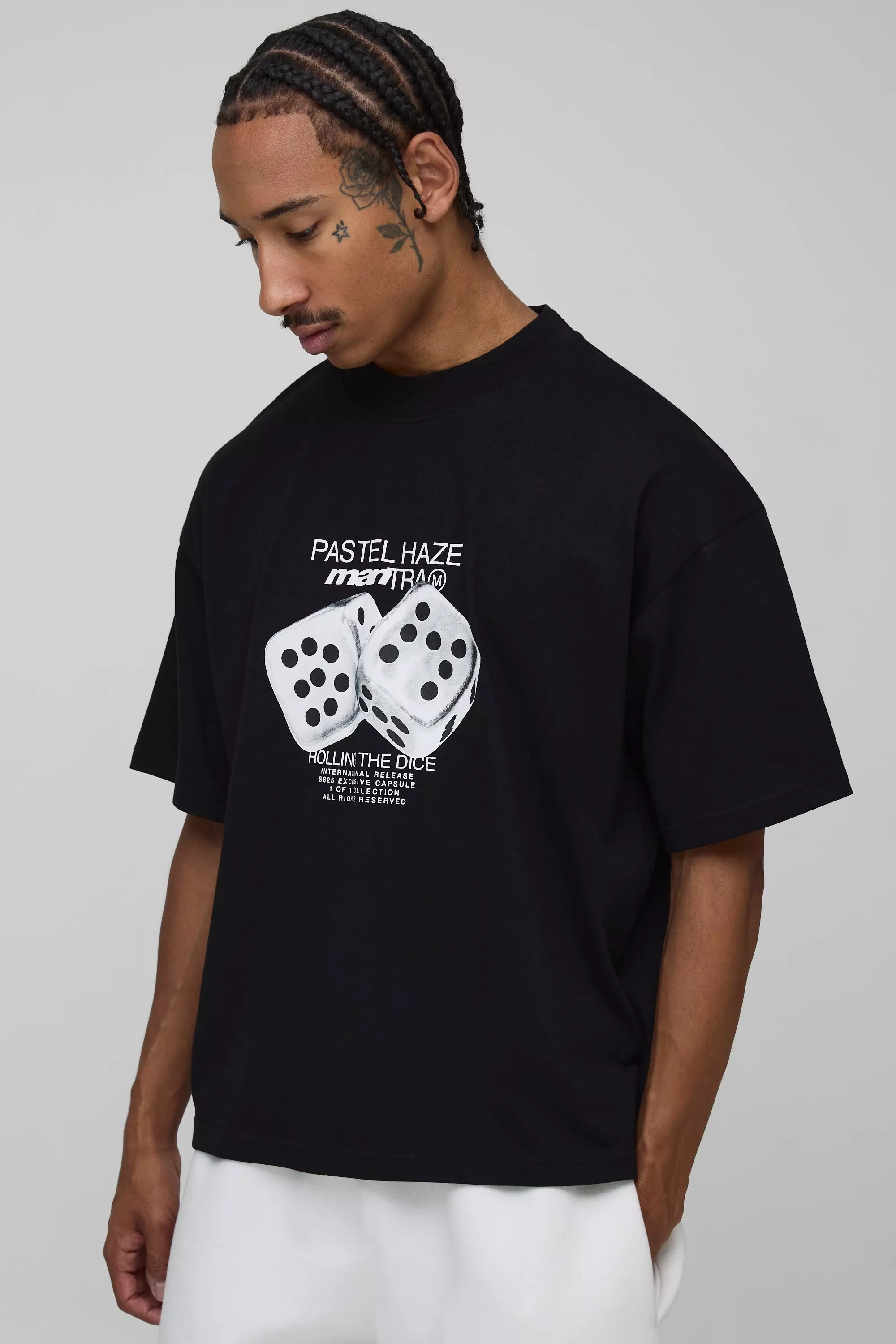 Oversized Boxy Extended Neck Dice Graphic T-Shirt