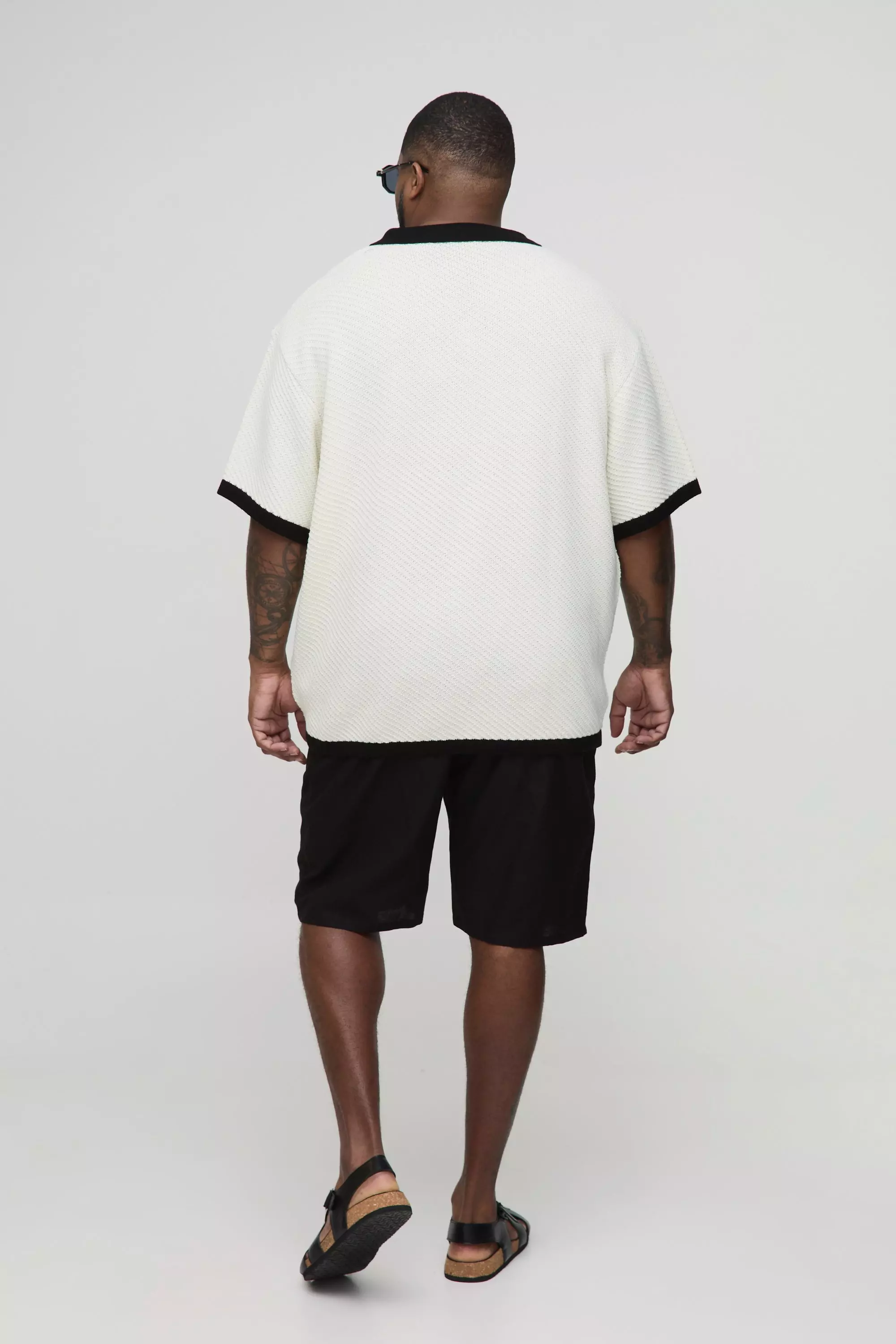 Plus Boxy Oversized Abstract Open Knit Polo | boohooMAN USA