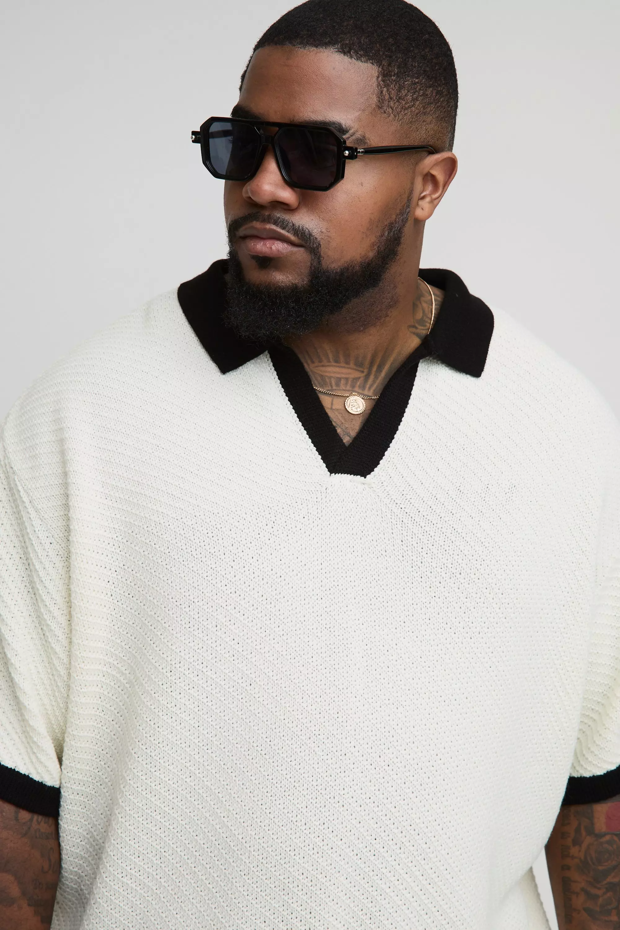 Plus Boxy Oversized Abstract Open Knit Polo | boohooMAN USA