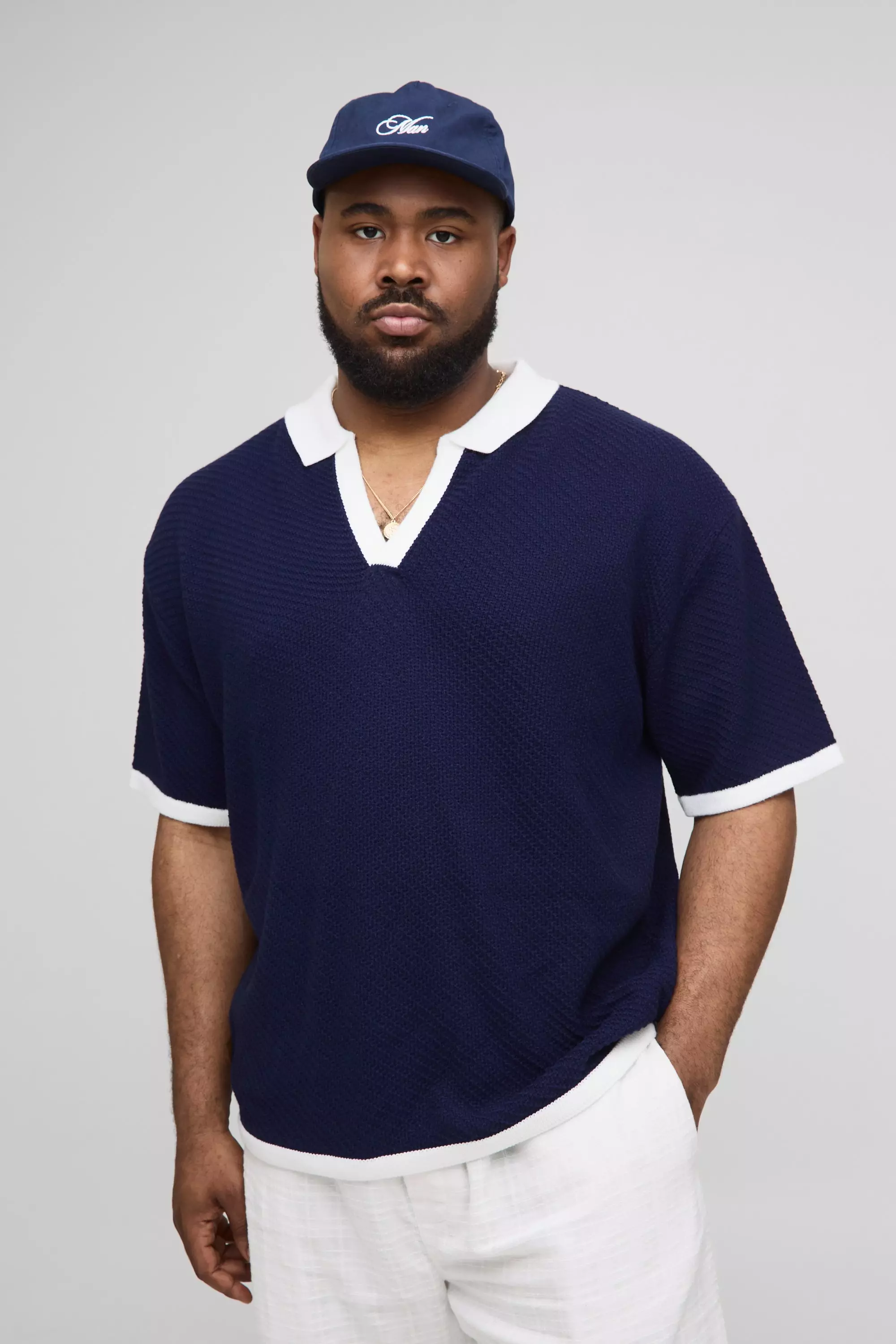 Plus Oversized Chunky Crochet V Neck T-Shirt | boohooMAN USA