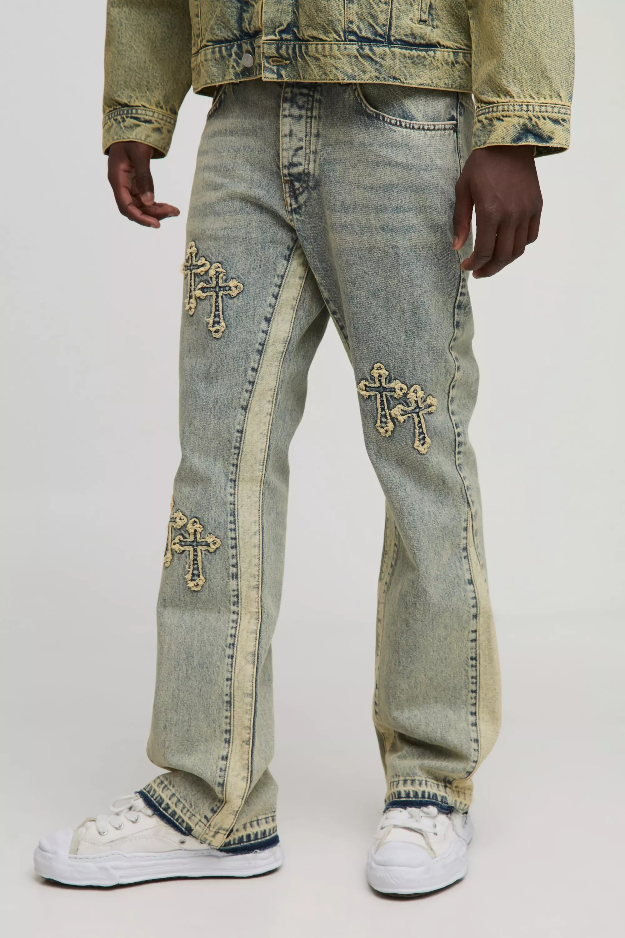 Slim Flared Cross Applique Panelled Jeans Antique blue