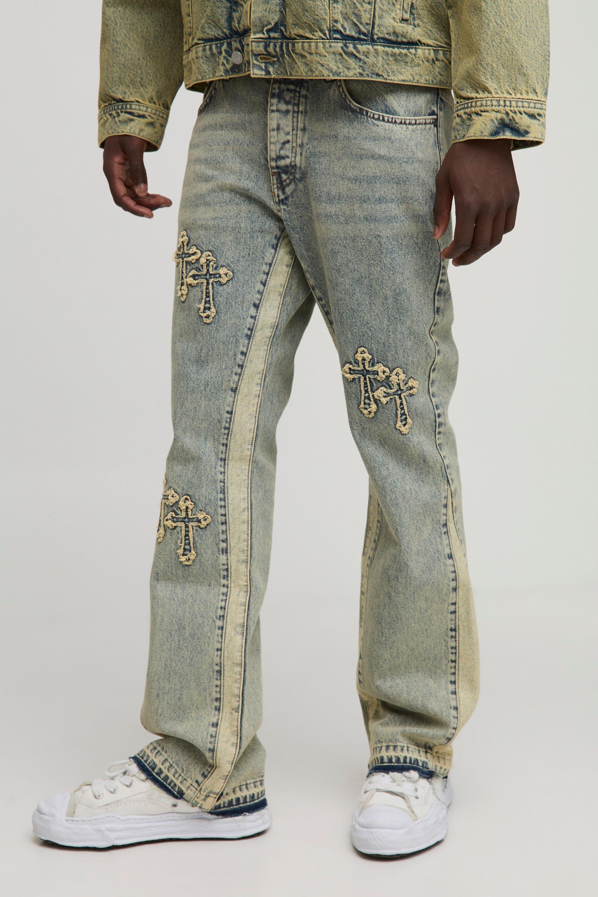 Slim Flared Cross Applique Panelled Jeans | boohooMAN USA