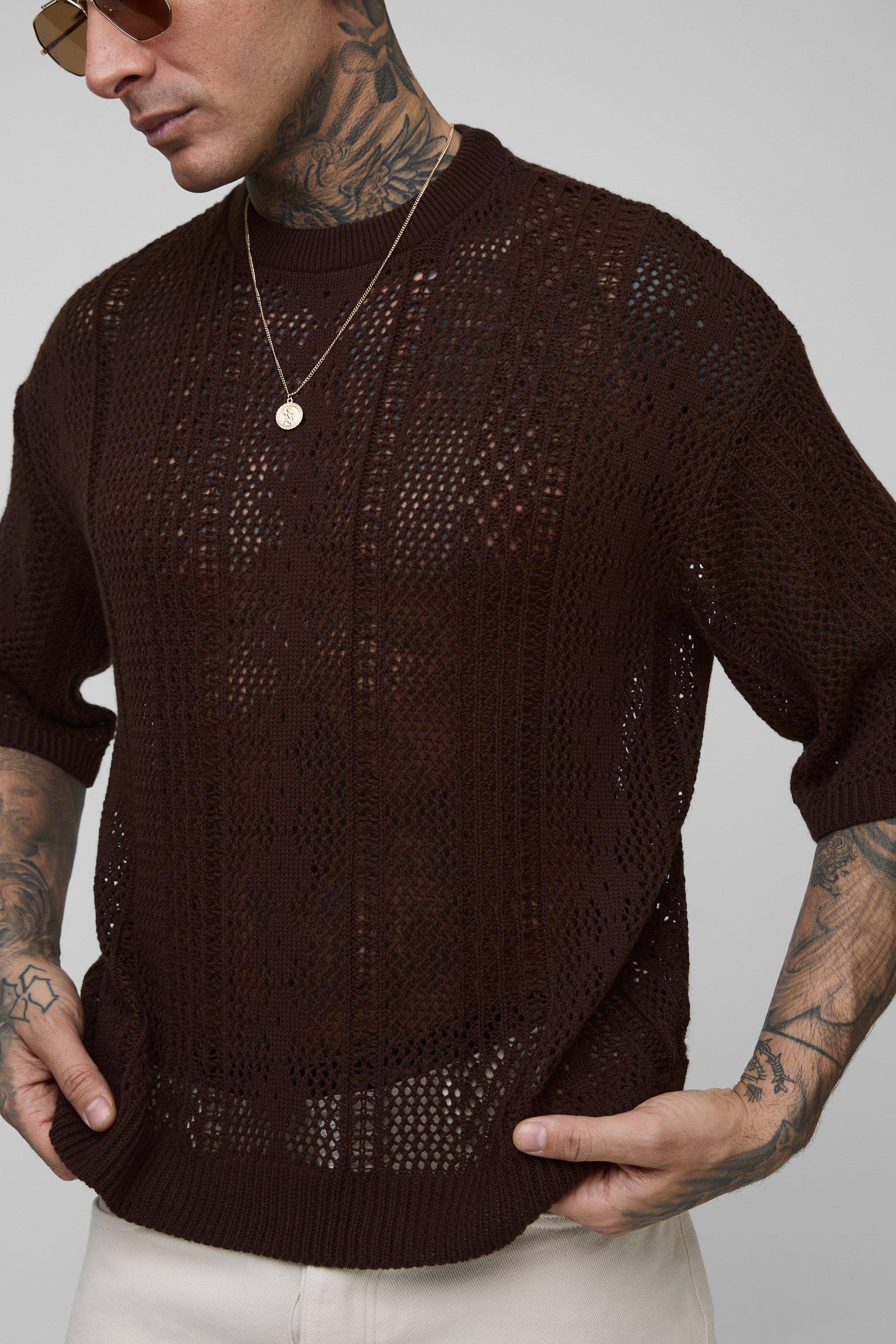 Tall Open Knit Oversized T-Shirt | boohooMAN USA