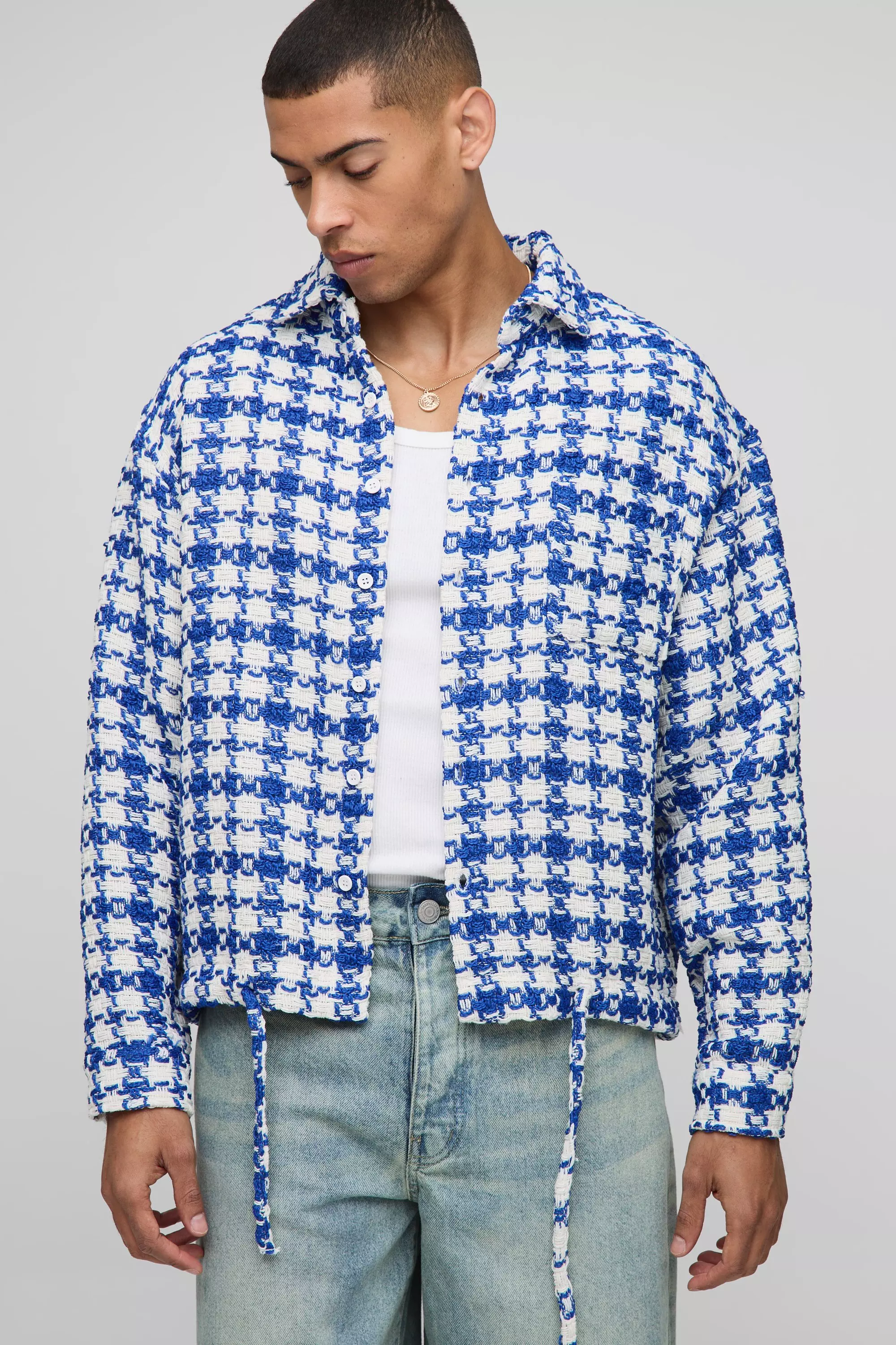 Oversized Boucle Bungee Hem Check Overshirt Blue