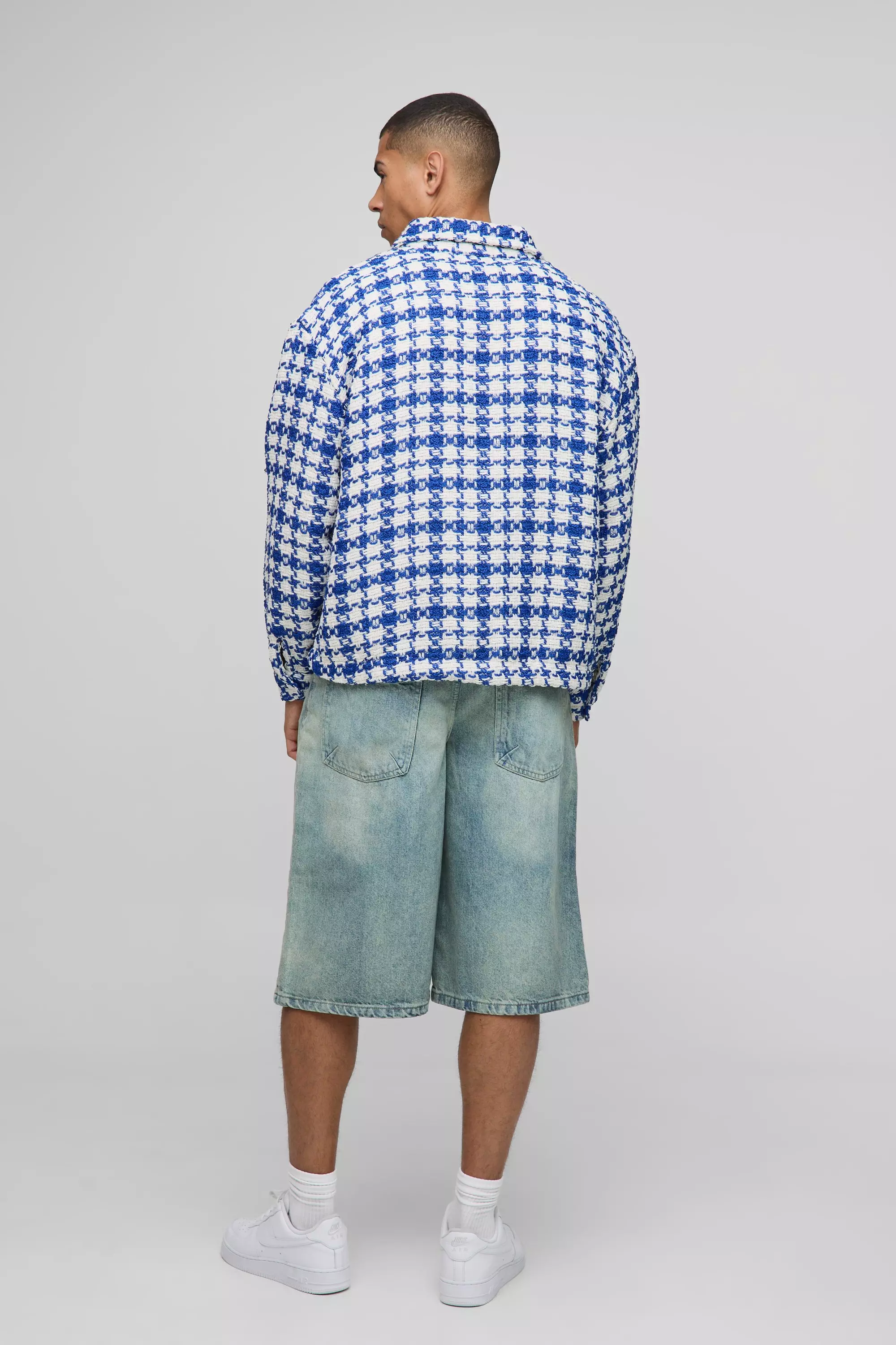 Oversized Boucle Bungee Hem Check Overshirt | boohooMAN USA