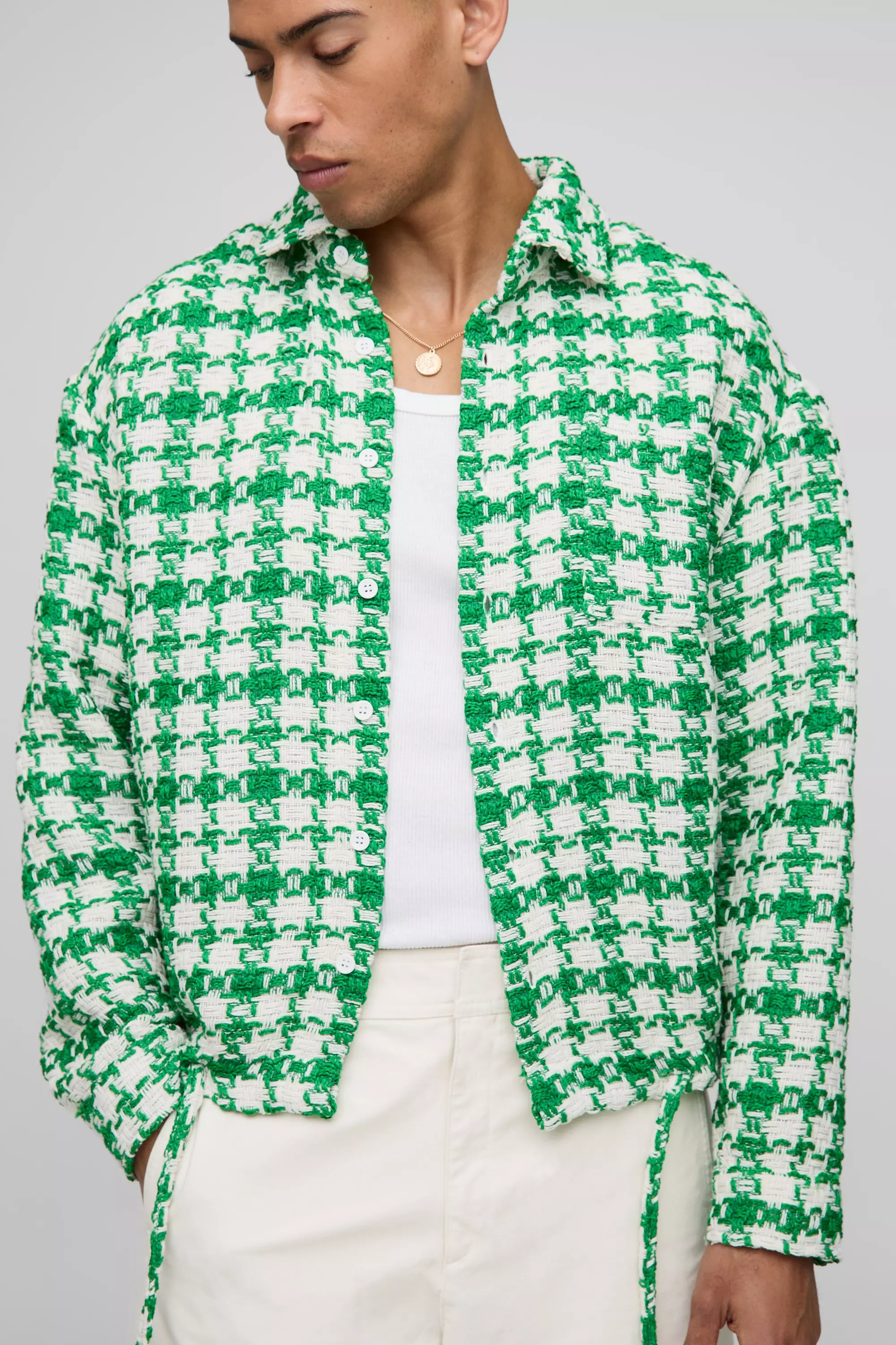 Oversized Boucle Bungee Hem Check Overshirt Green