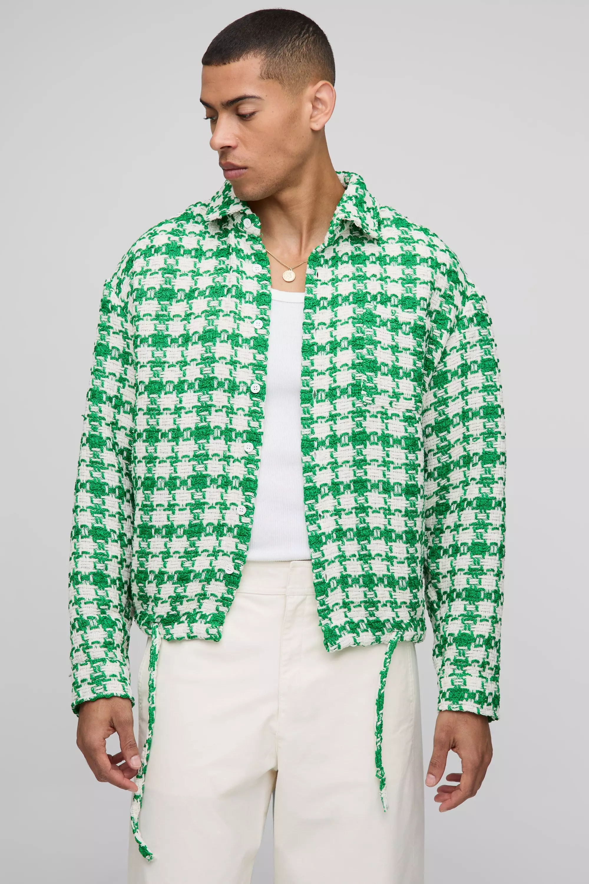 Oversized Boucle Bungee Hem Flannel Shirt Jacket | boohooMAN USA