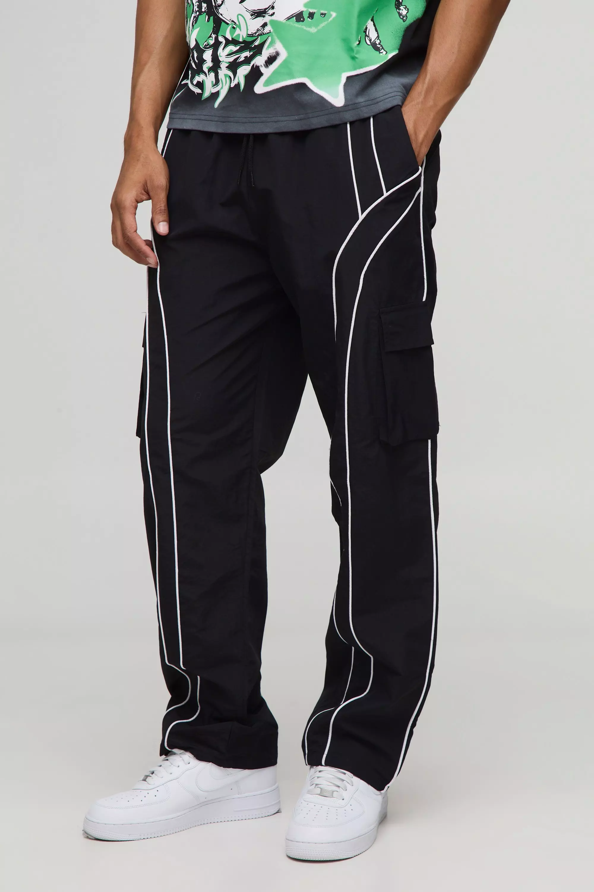 Elasticated Waist Relaxed Nylon Pipped Cargo Pants | boohooMAN USA