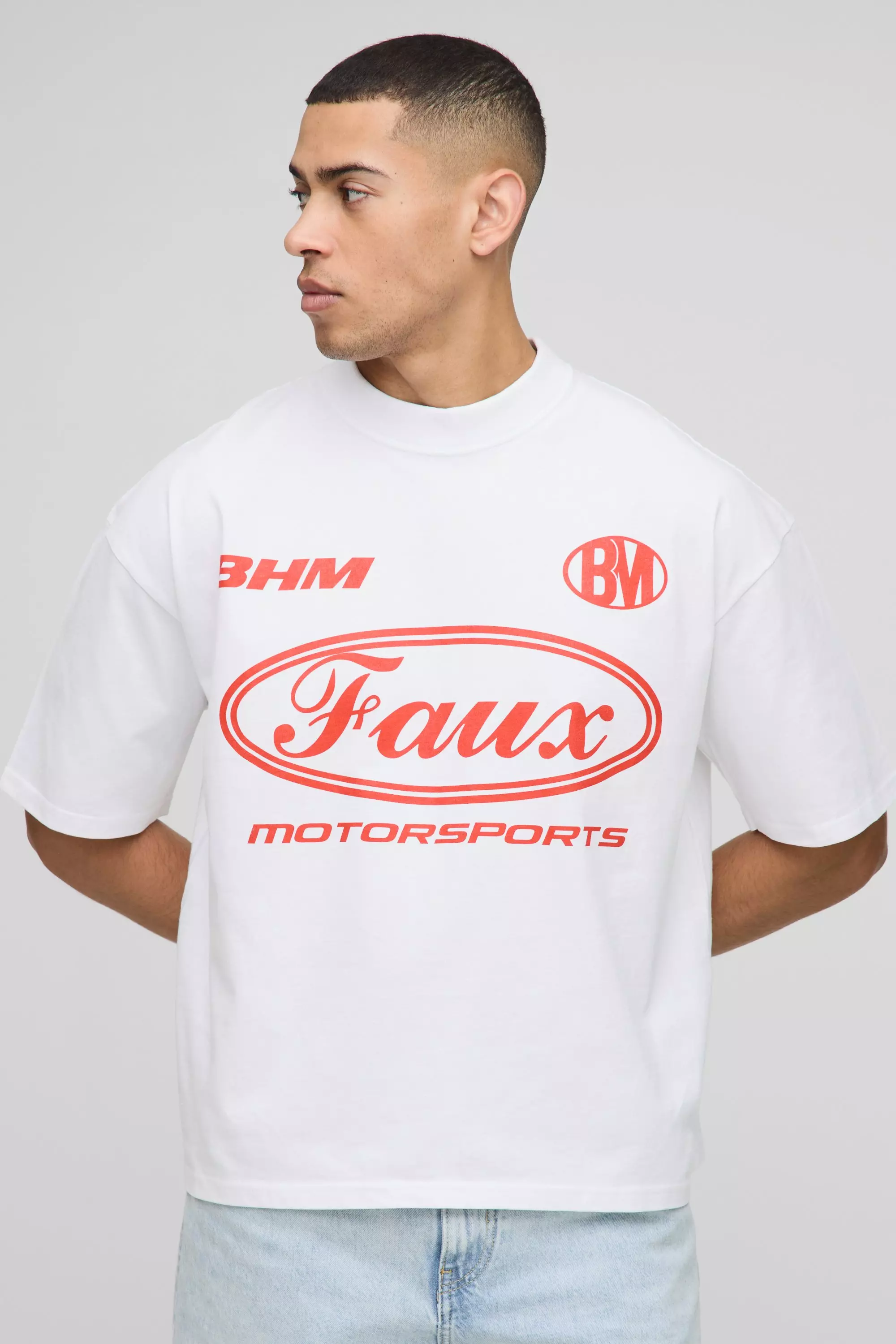 Oversized Boxy Extended Neck Moto Faux Graphic T-Shirt White