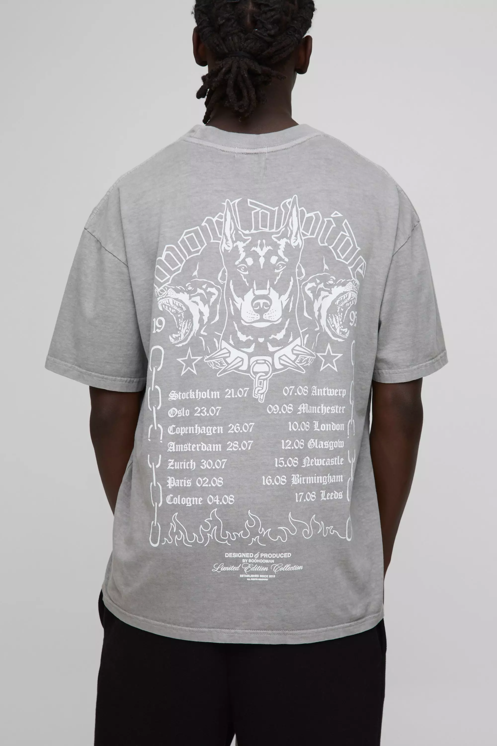 Oversized Extended Neck Worldwide Gothic Dog Graphic Washed T-Shirt Charcoal