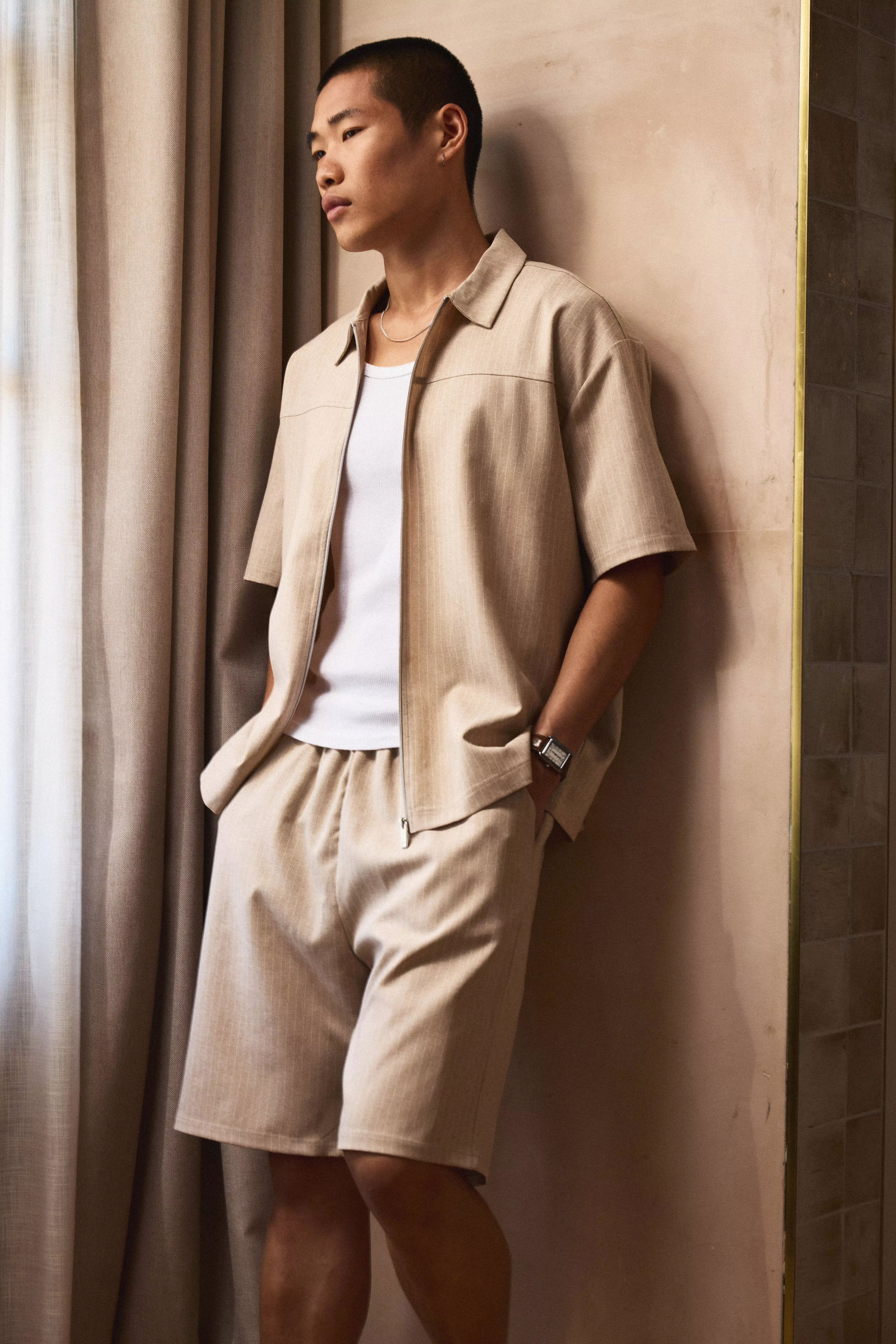 Ecru Gestreepte Baggy Shorts alternatieve afbeelding