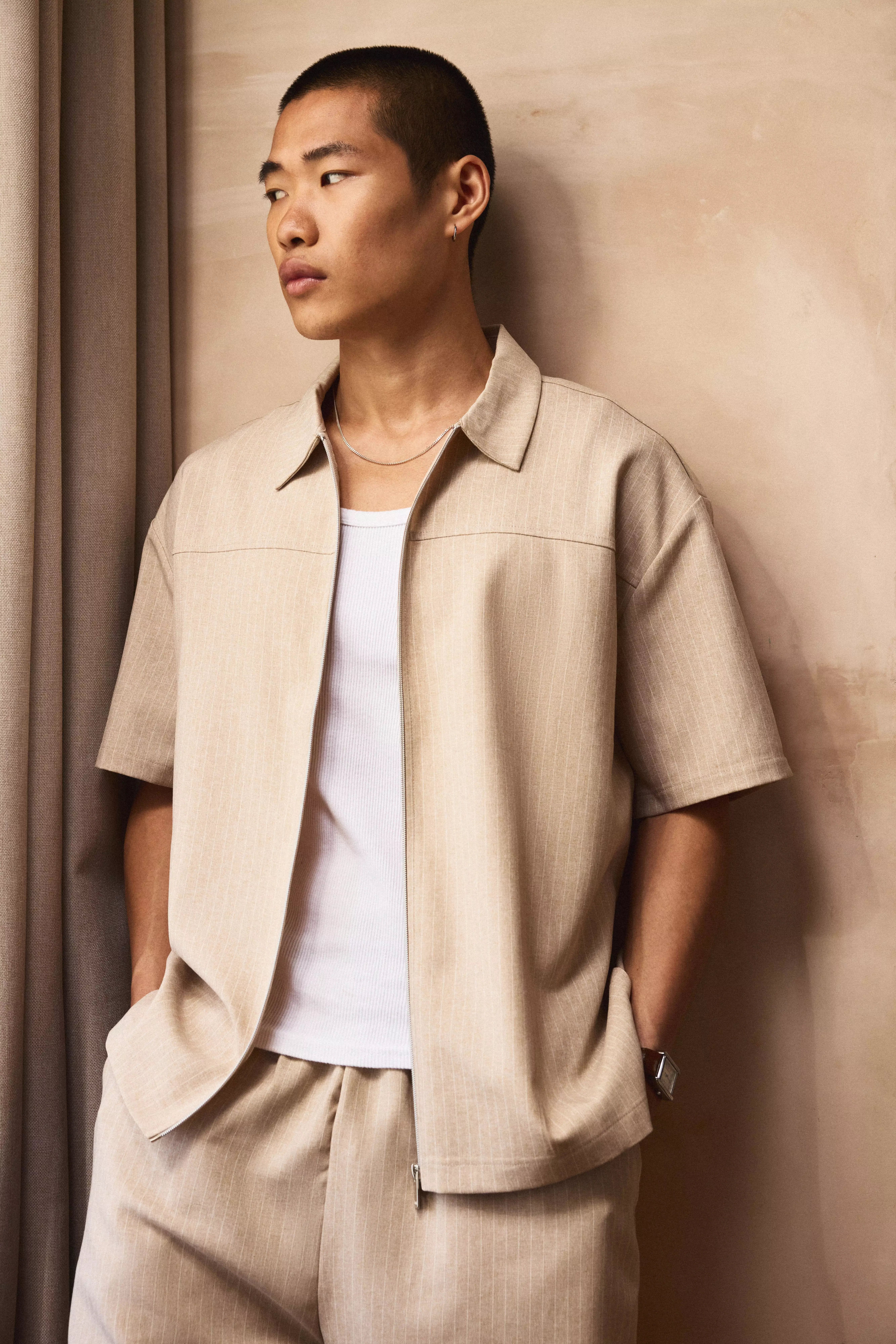 Ecru Oversized Short Sleeve Stripe Zip Up Shirt alternative image
