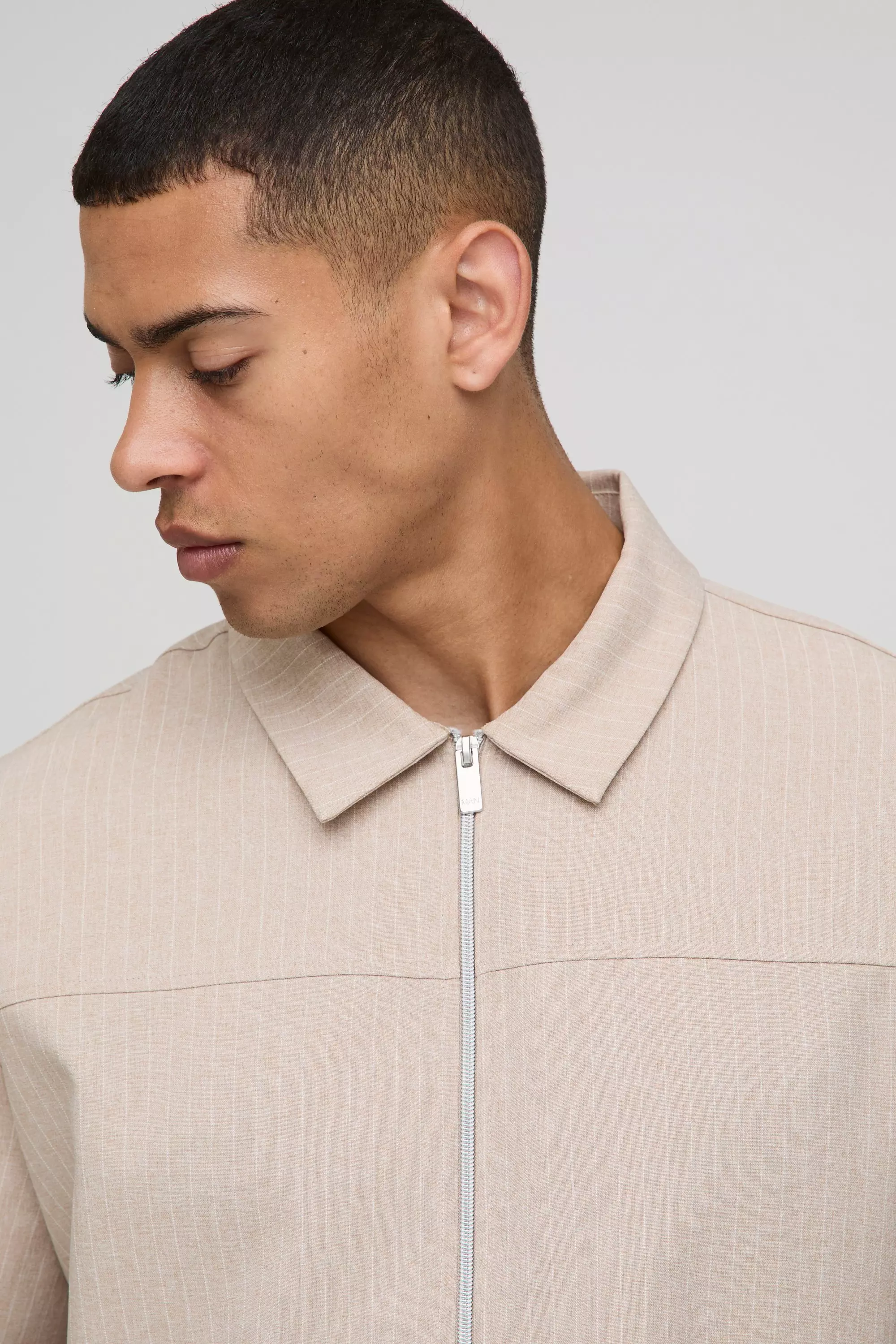 Ecru Oversized Short Sleeve Stripe Zip Up Shirt alternative image