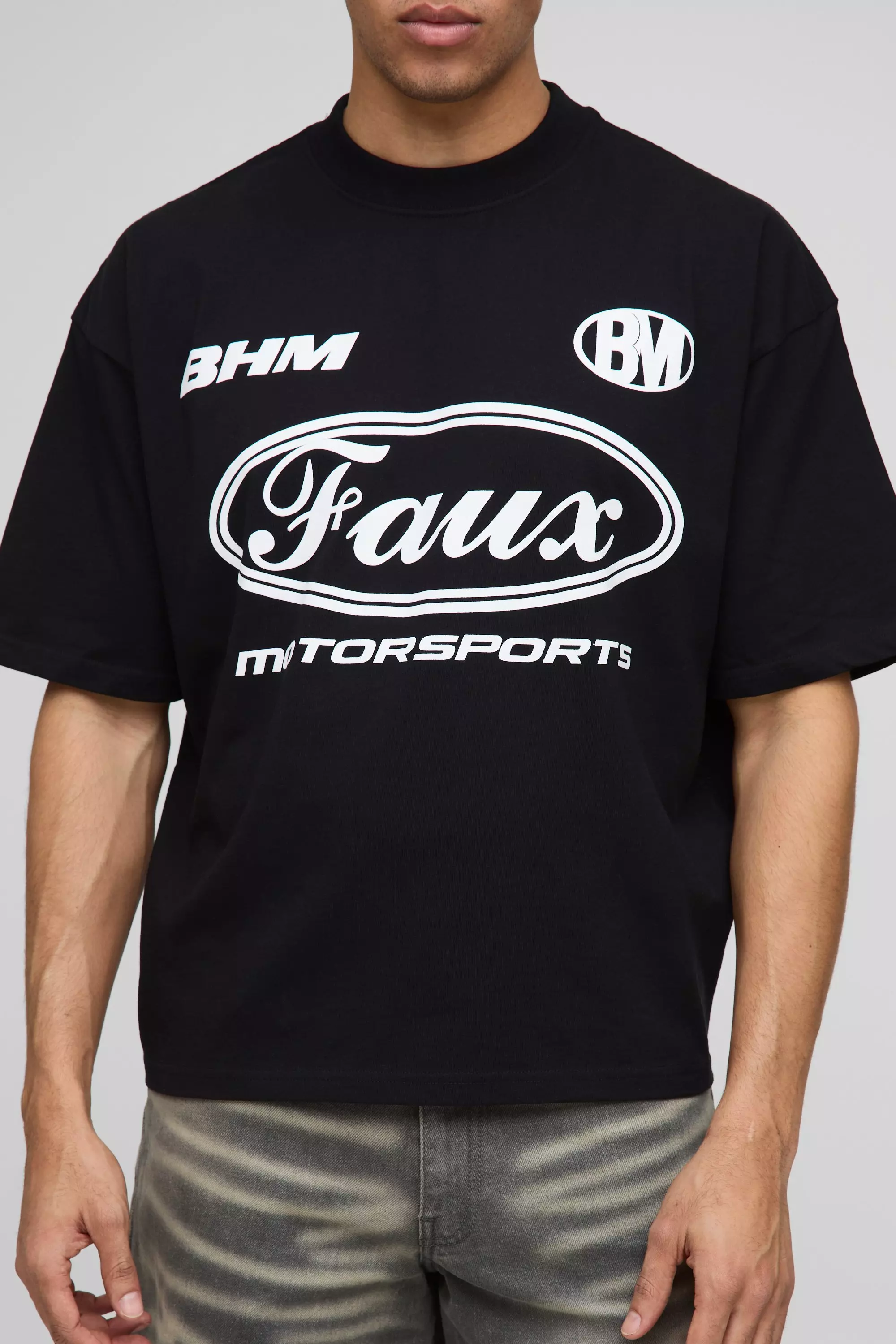 Regular Fit Oversized Boxy Extended Neck Moto Faux Graphic T-Shirt Black