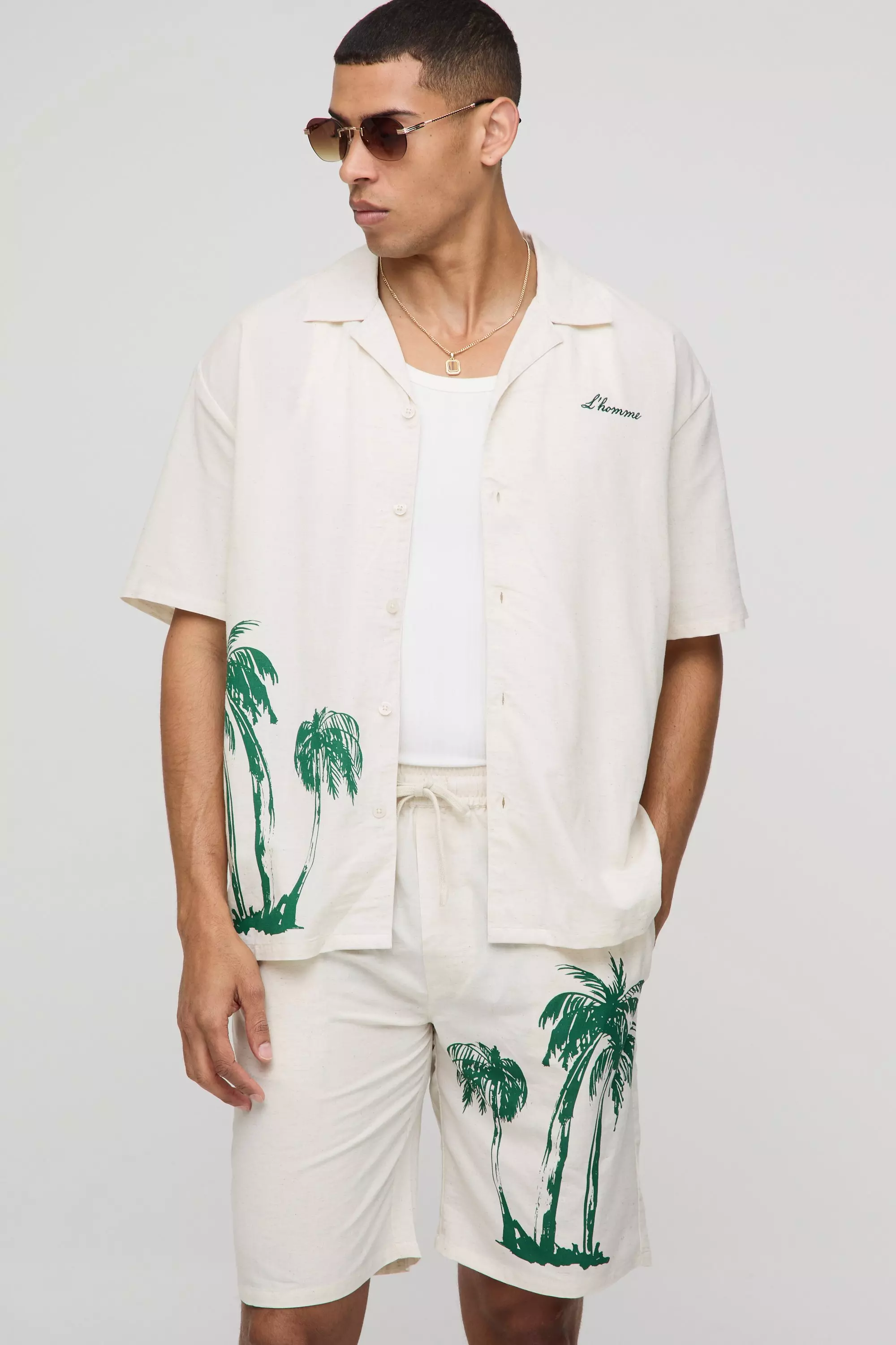 Oversized Palm Tree Print Linen Look Shirt & Short Set Ecru