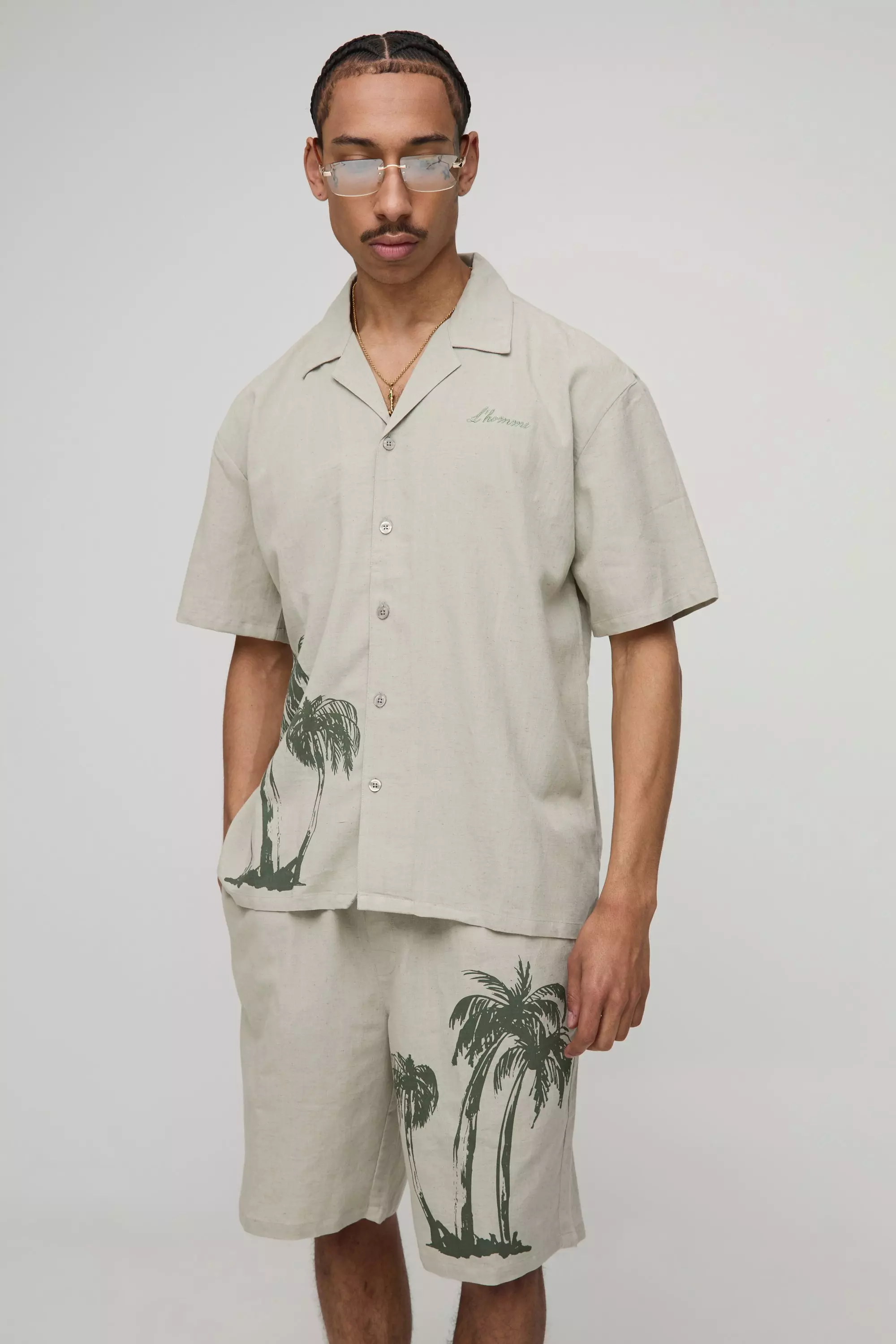 Oversized Palm Tree Print Linen Look Shirt & Short Set Stone