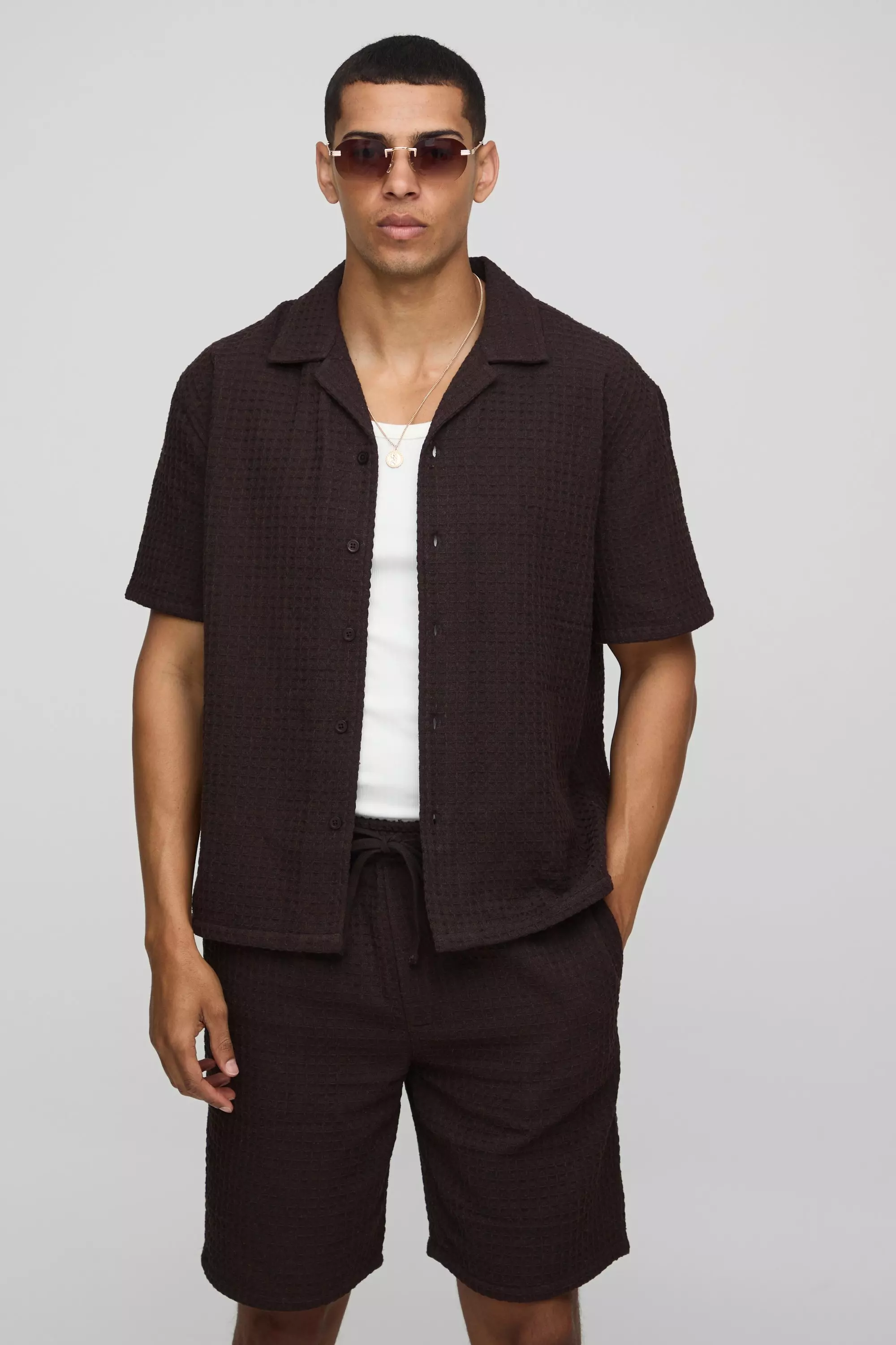 Oversized Jumbo Waffle Revere Shirt and Shorts Set | boohooMAN USA