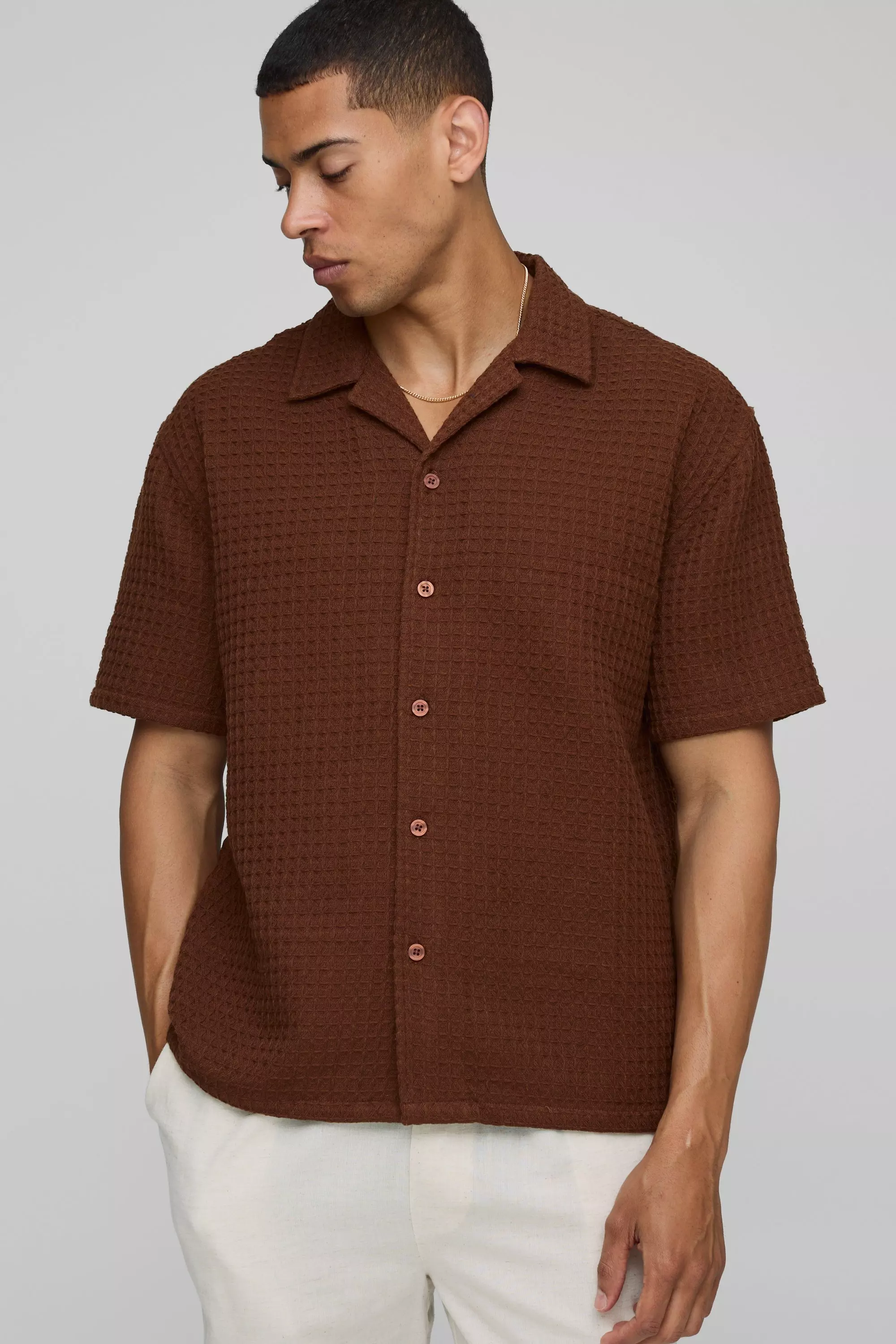 Regular Fit Jumbo Waffle Revere Shirt Brown