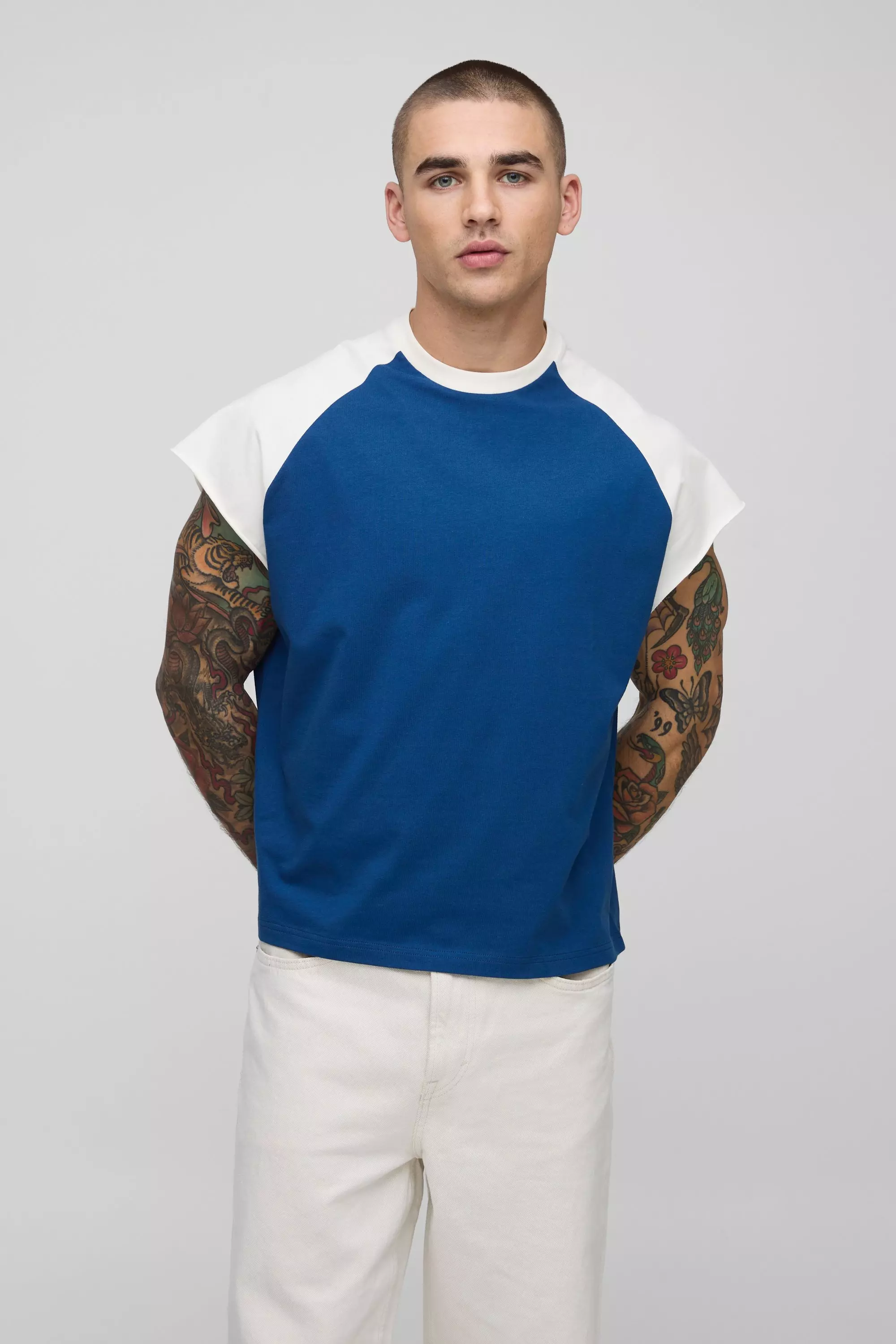 Oversized Boxy Contrast Panel Raglan Sleeve Tank Navy