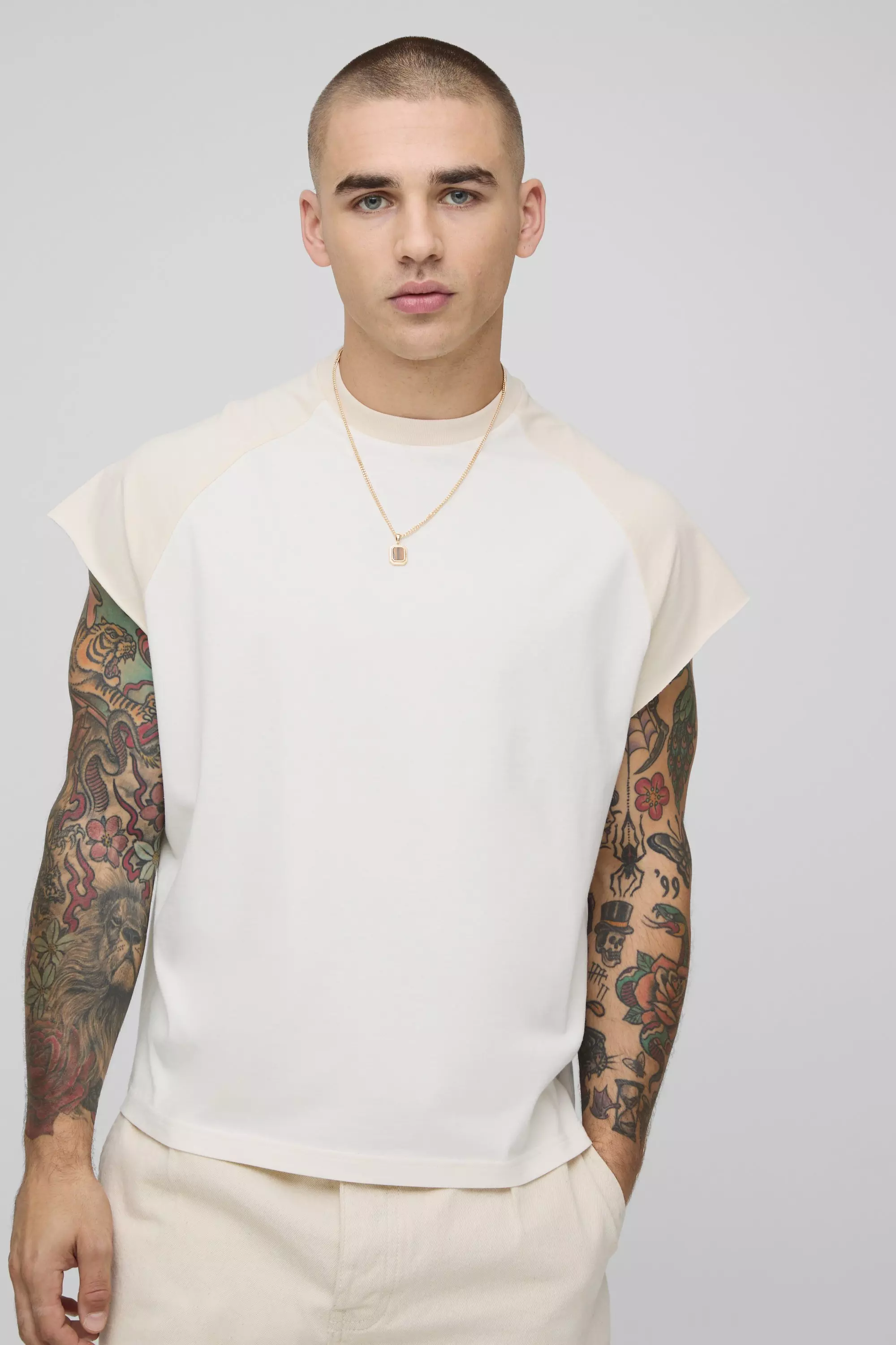 Oversized Boxy Contrast Panel Raglan Sleeve Tank Stone