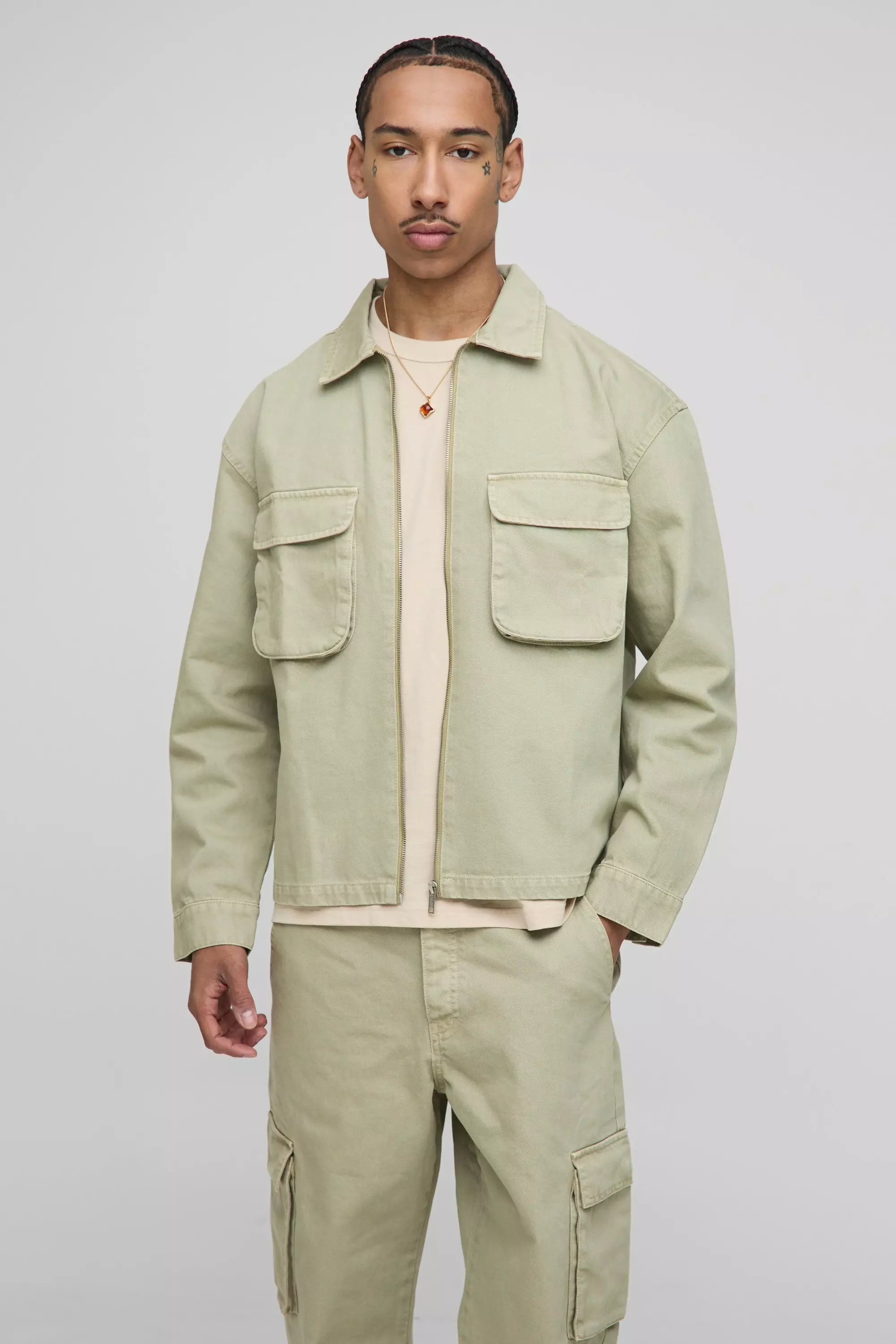 Twill Cargo Shirt Jacket & Pants Set | boohooMAN USA