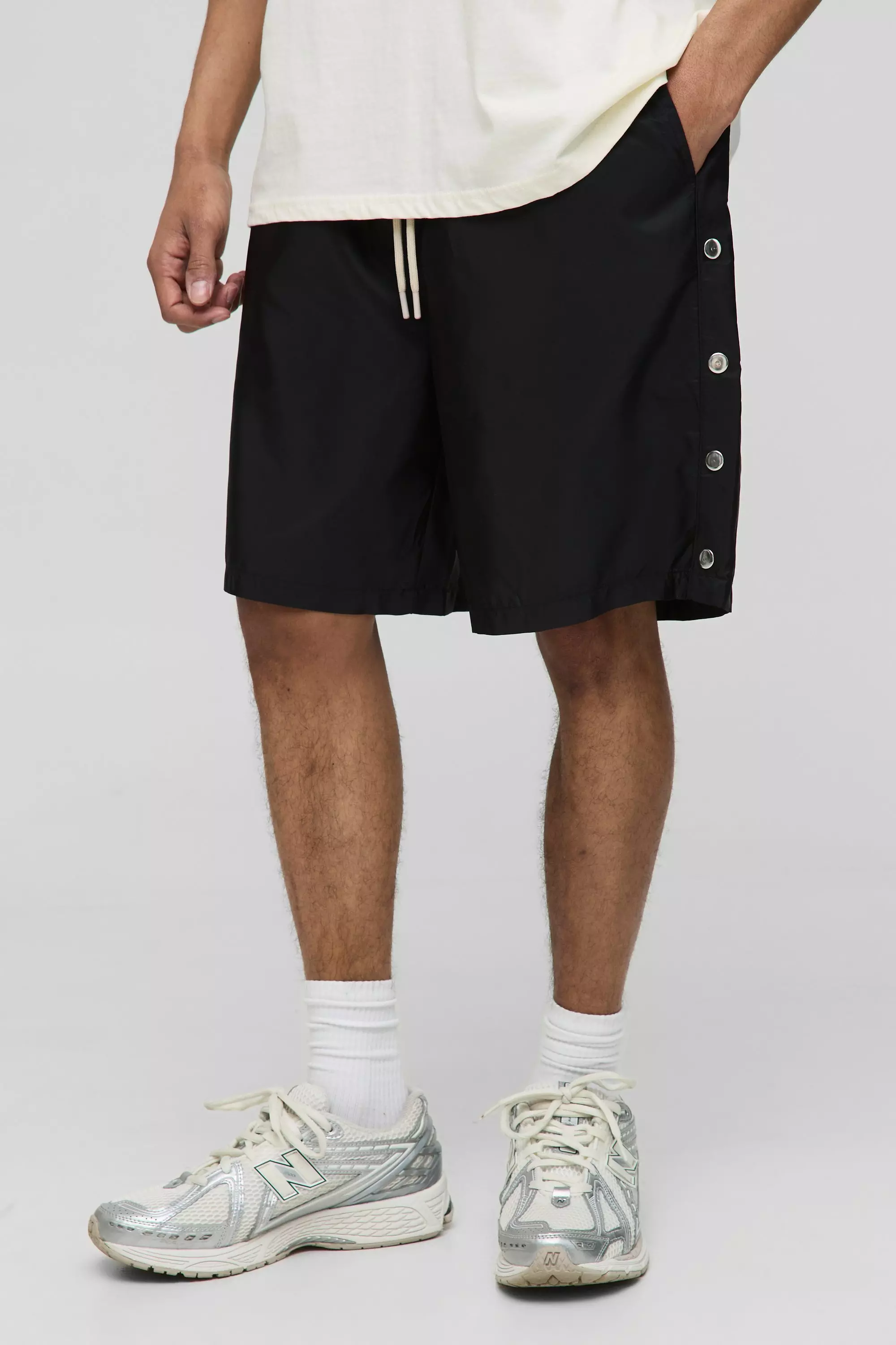 Elasticated Waist Relaxed Fit Nylon Popper Detail Shorts Black